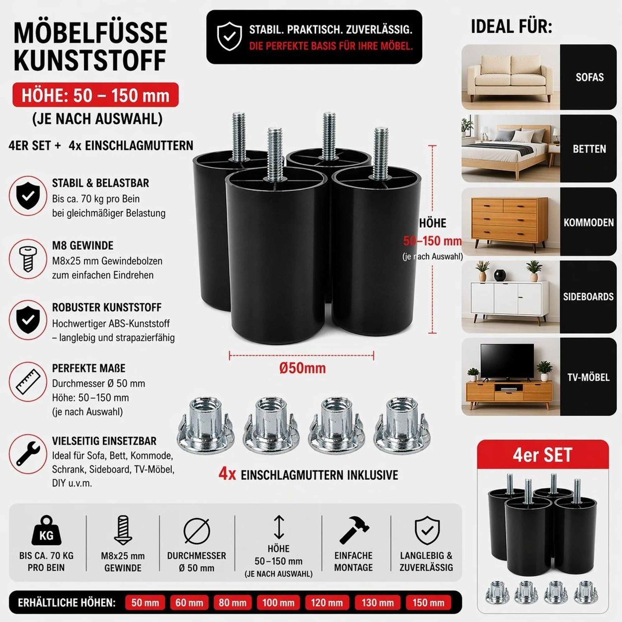 4er Set Möbelfüße Kunststoff Schwarz M8 x 25 mm, Höhe 120 mm, inkl. 4x Einschlagmuttern M8x11 mm, Möbelbeine für Sofa, Bett & Schrank
