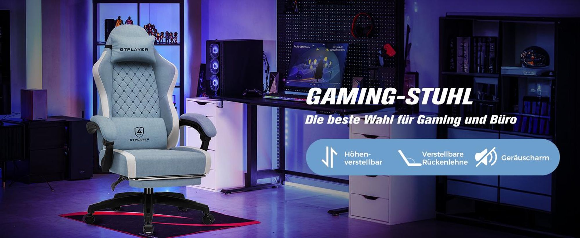 GTPLAYER Gaming Stuhl Ergonomischer, PC Stuhl Atmungsaktiver Stoff, Groß und Hoch Drehbarer Schreibtischstuhl mit Fußstütze, Hellblau