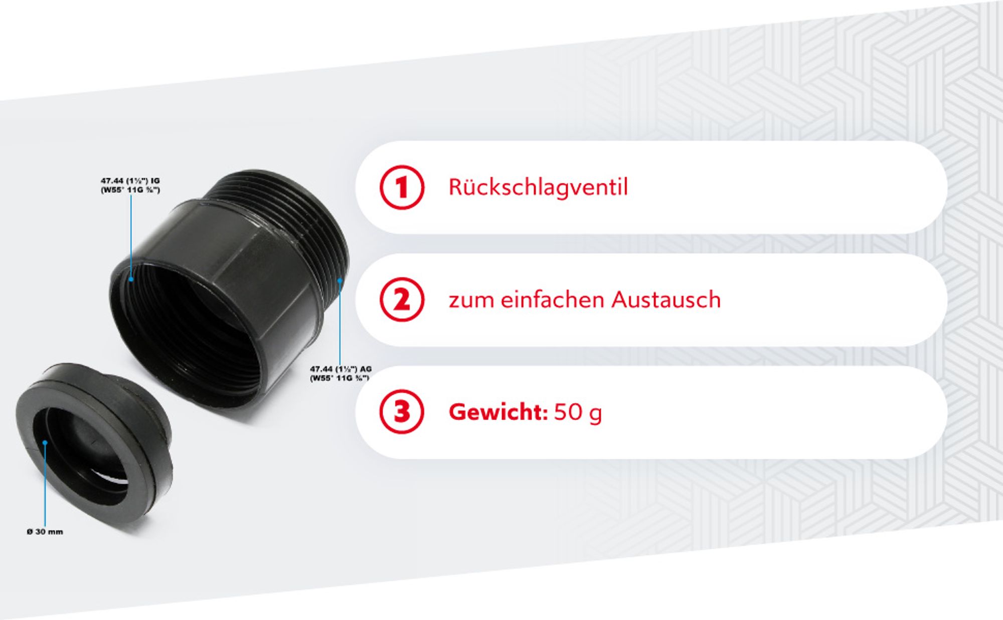 Wiltec Ersatzteil Rückschlagventil IG AG für Schmutzwasserpumpen – Rückschlagklappe für 3 mm Flachsauger 550 W, 8500 l/h – Gartenpumpe, Baupumpe