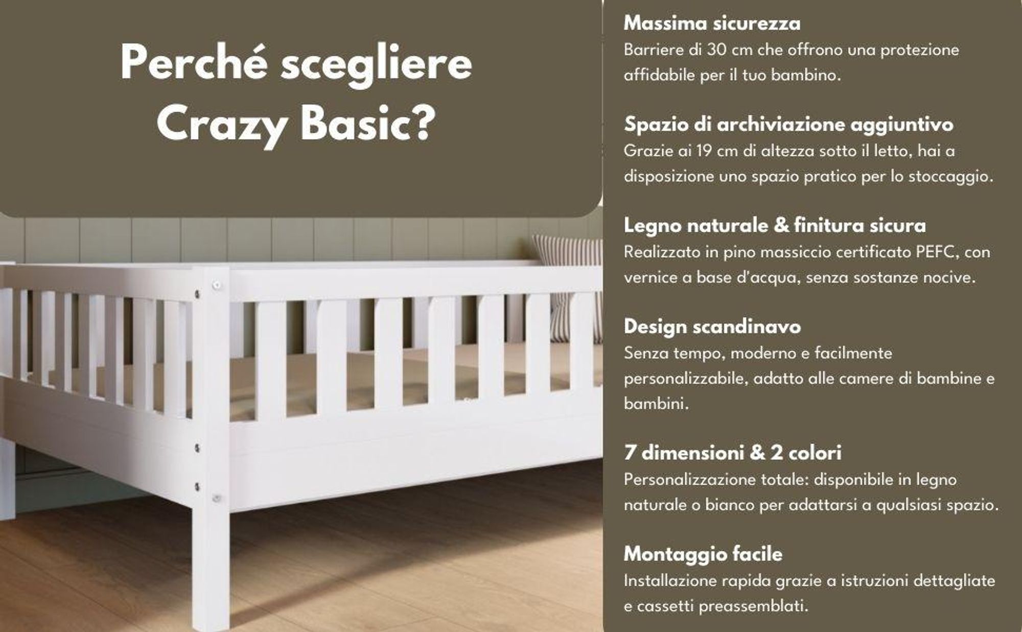 Crazy Pine Letto Alto per bambini 80x160 cm – Letto Montessori in legno massiccio con protezione anticaduta e spazio libero sotto – Crazy Basic
