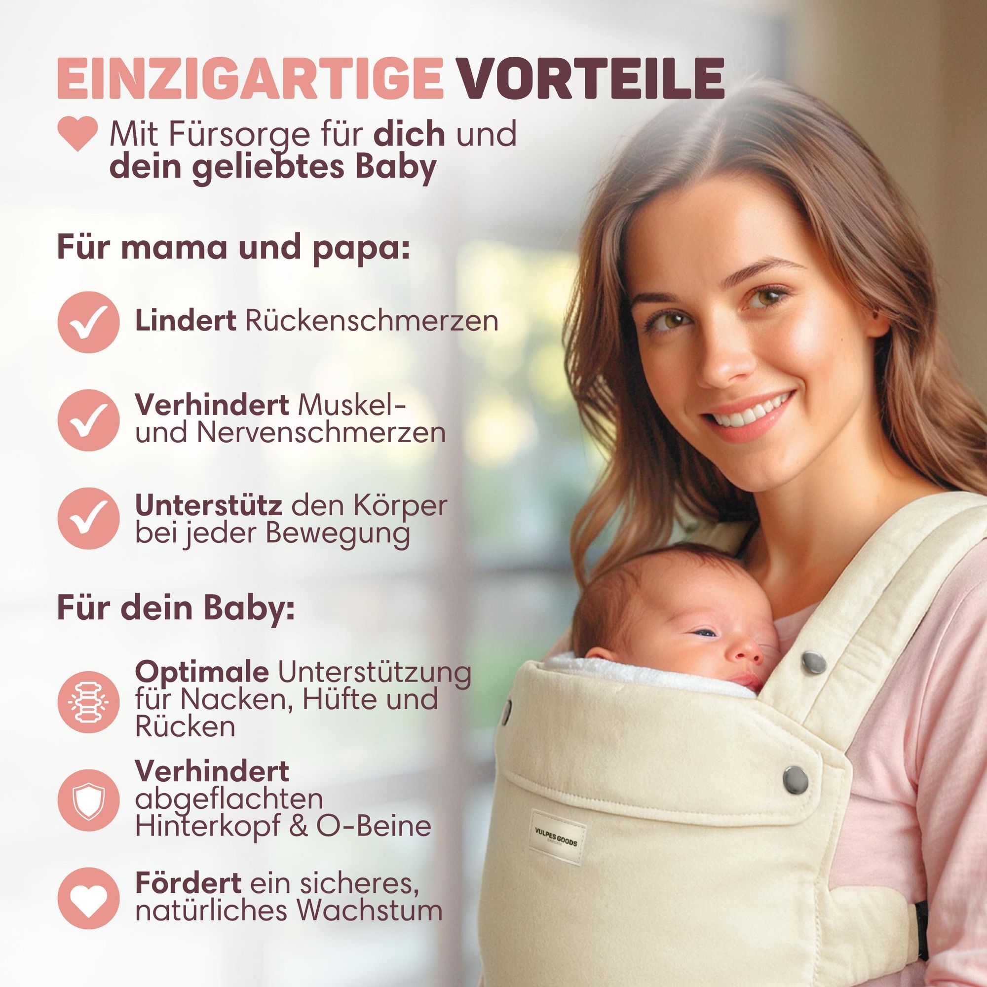 Vulpes Goods Babytrage, Luxus-Bauchtrage bis 20 kg,  Baumwolle, Freihändiger Komfort, Mit Rückenstütze & M-Position