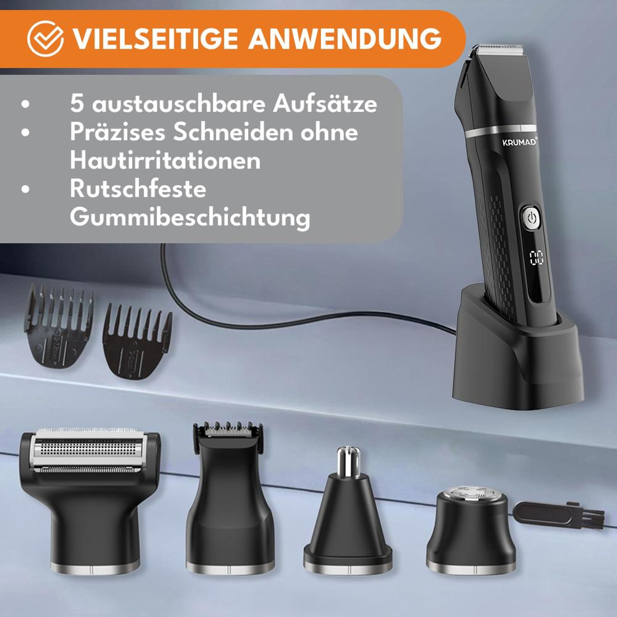 KRUMAD Haarschneidemaschine 6-in-1 IPX7 – Barttrimmer Herren, Elektrorasierer & Nasenhaartrimmer mit LED-Display – 120 Min Laufzeit & 4 Aufsätze
