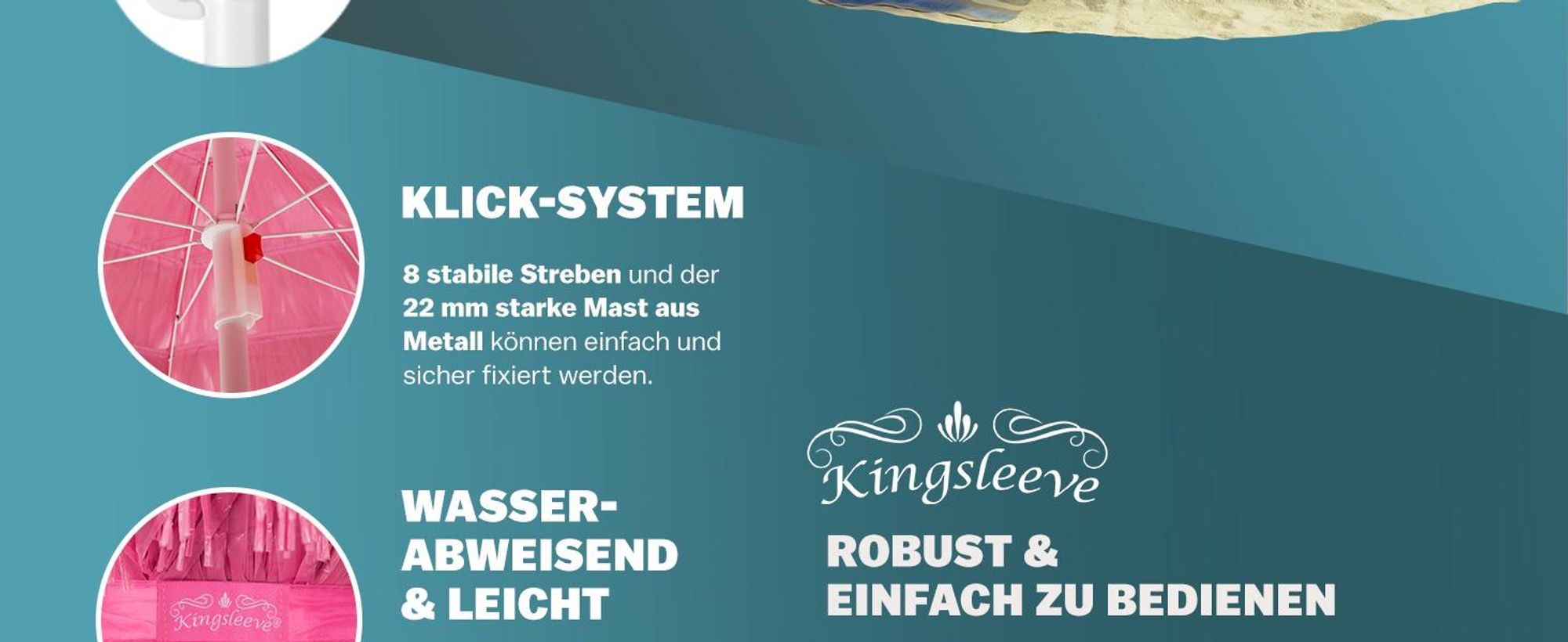 KINGSLEEVE® Sonnenschirm Hawaii Ø160cm Neigbar Höhenverstellbar UV Schutz 30+ Groß Rund Balkon Strand Strohschirm Strandschirm Bast Hawaiischirm Pink