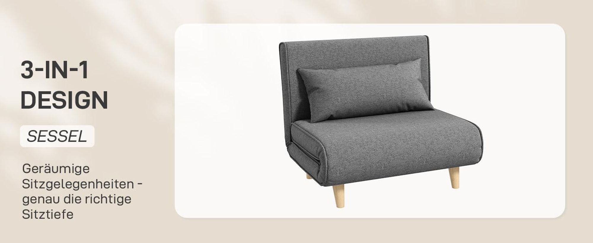 HOMCOM Einzelsofa Schlafsofa Sofabett Klappsofa verstellbar Rückenlehne Liege nordisch skandinavisch 25D Schaumstoff Haus Leinenimitat Tannenholz Grau 94 x 78 x 80 cm