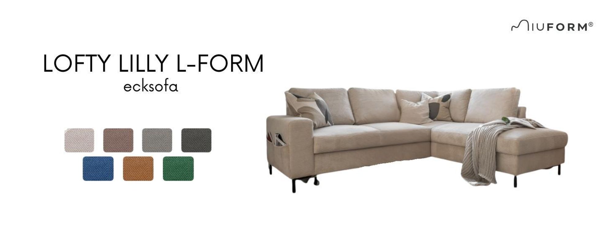 MIUFORM Lofty Lilly Ecksofa mit Bettfunktion L-FORM RECHTS– 237 x 197 cm - Beige - Sofa Schlafsofa Couch