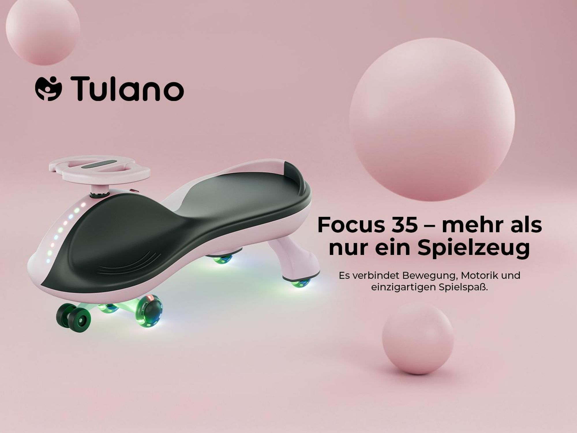 Rutschauto für Kinder Tulano Focus 35 Pink - Kinderfahrzeug ab 3 Jahren – Schwerkraftantrieb, LED-Räder, bis 100 kg - Auto Swing Car Rutscher