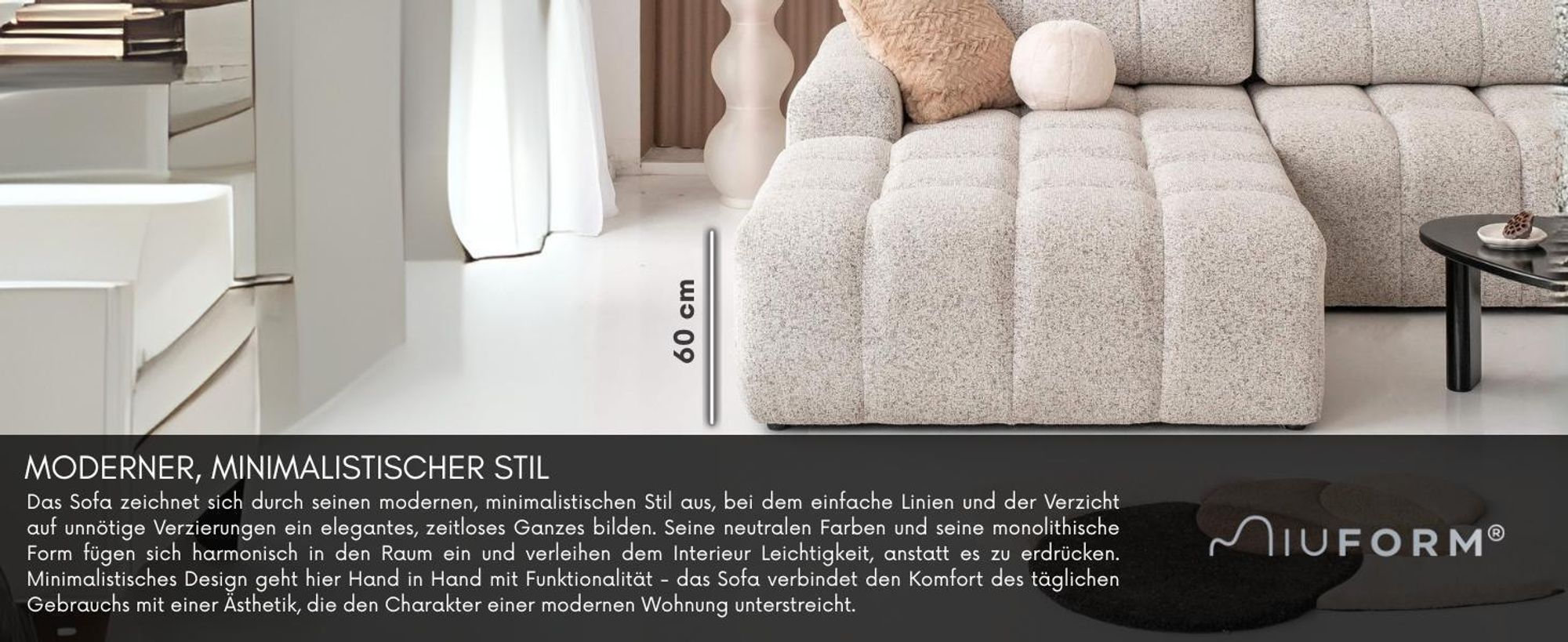 MIUFORM Lulu Ecksofa mit Bettfunktion und Bettkasten U-FORM RECHTS – 333 x 213 cm - Salz und Pfeffer- Sofa Schlafsofa Couch Modulsofa