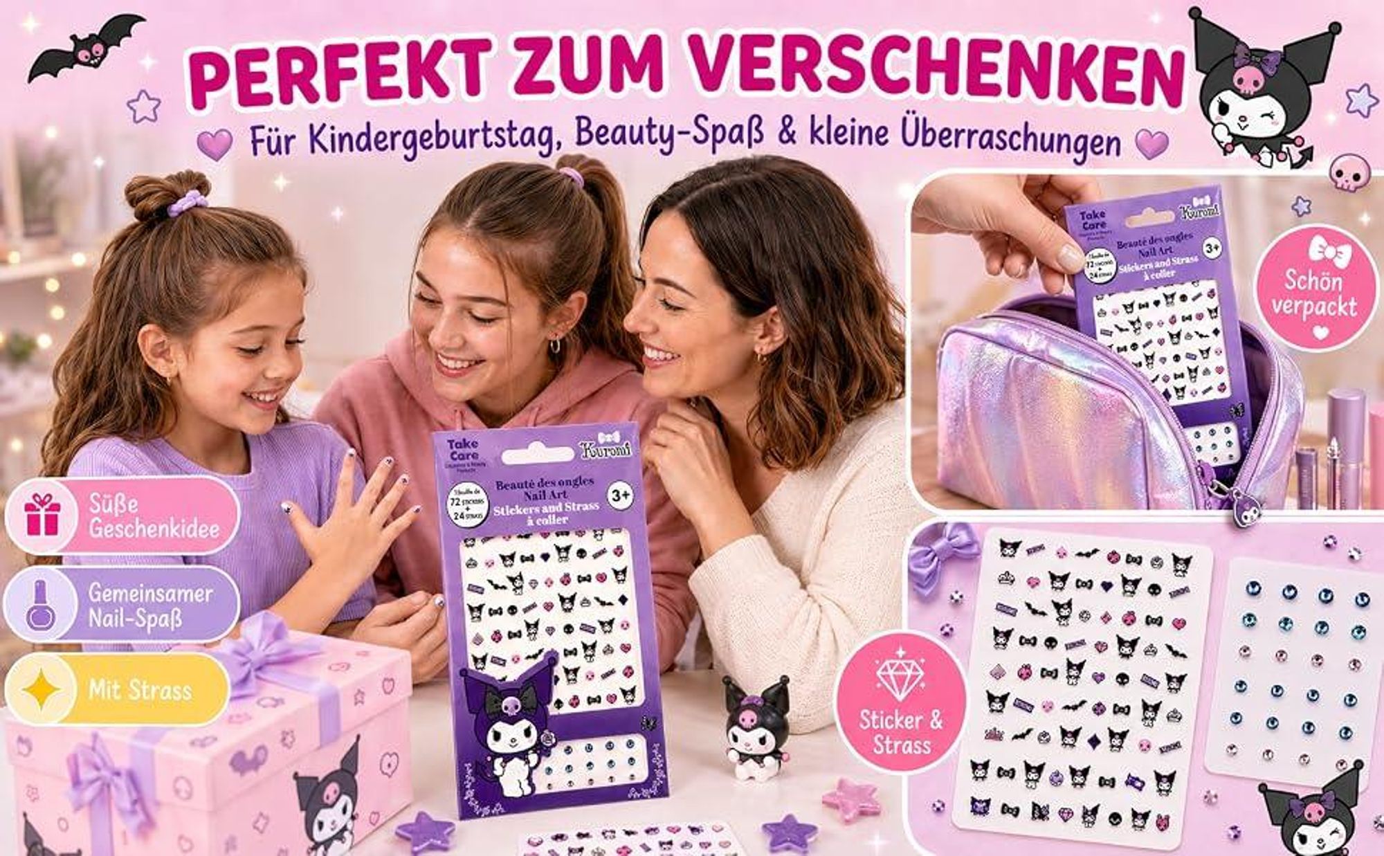 Kuromi Nagelsticker Set – 72 Sticker + 24 Steinchen – Offiziell Lizenziert
