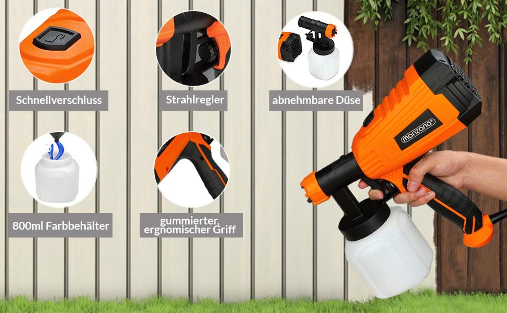 MONZANA® elektrisches Farbsprühsystem 800ml/min Behälter 500 W 3 Sprühmuster Farbsprühpistole Spritzpistole Lackierpistole Farbsprühgerät Einfülltrichter