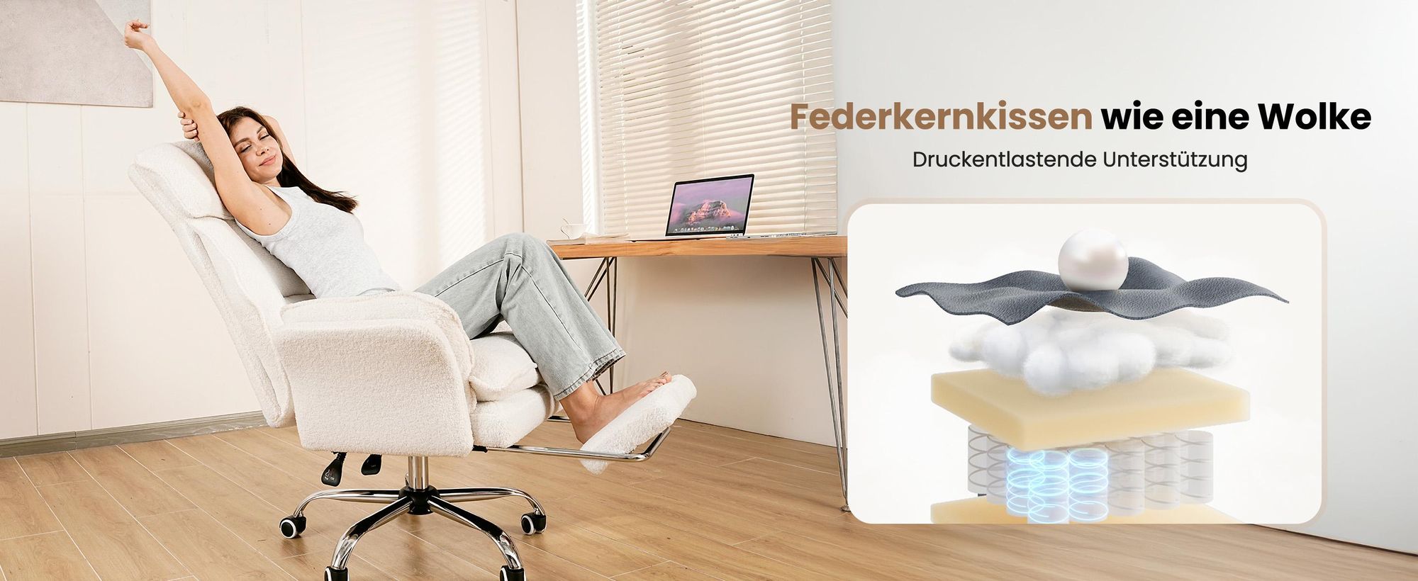 Drehstuhl Bürostuhl Ergonomisch mit klappbaren Armlehnen, Gaming Stuhl mit Fußstütze & 135° Verstellbarer Rückenlehne, Weiß -Teddy-Fleece-Stoff