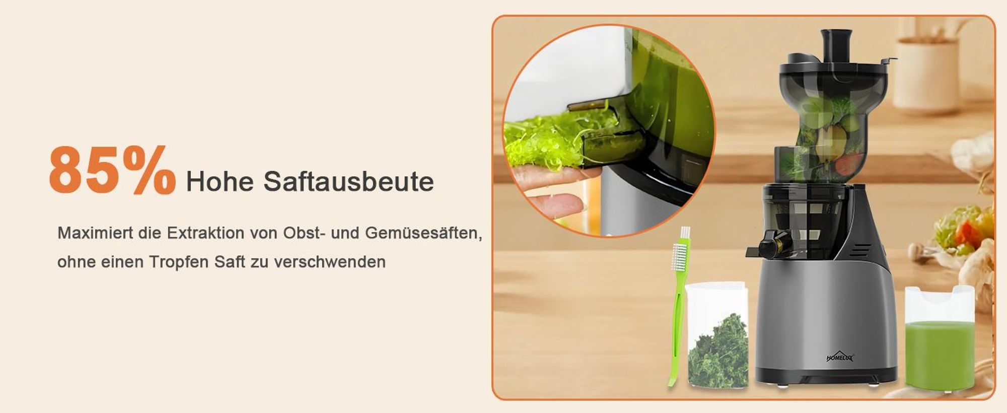 HOMELUX Entsafter 140 MM Slow Juicer 150W Einfüllschacht für Ganze Gemüse und Obst Kaltentsafter Elektrische mit 2 Tassen Reinigungsbürste, Silber