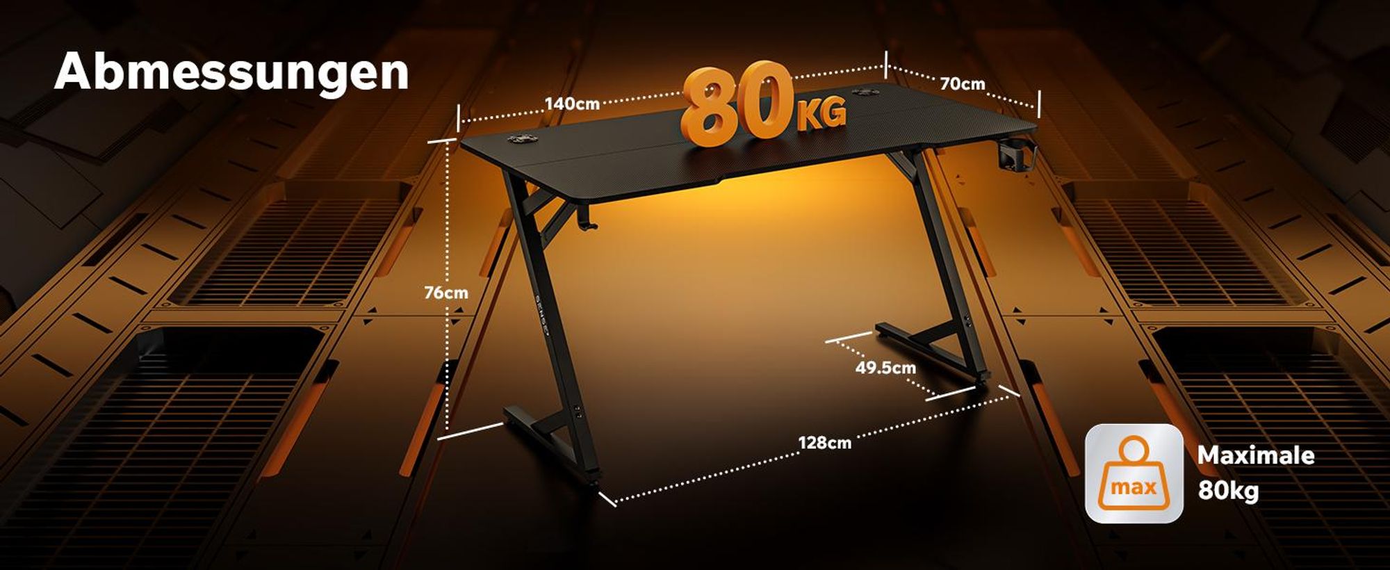Sense7 VAMO Gaming Schreibtisch 140x70 cm Schwarz Computertisch PC Tisch Carbon Optik Z-Shape Gamer Tisch mit Getränkehalter Home Office Büro