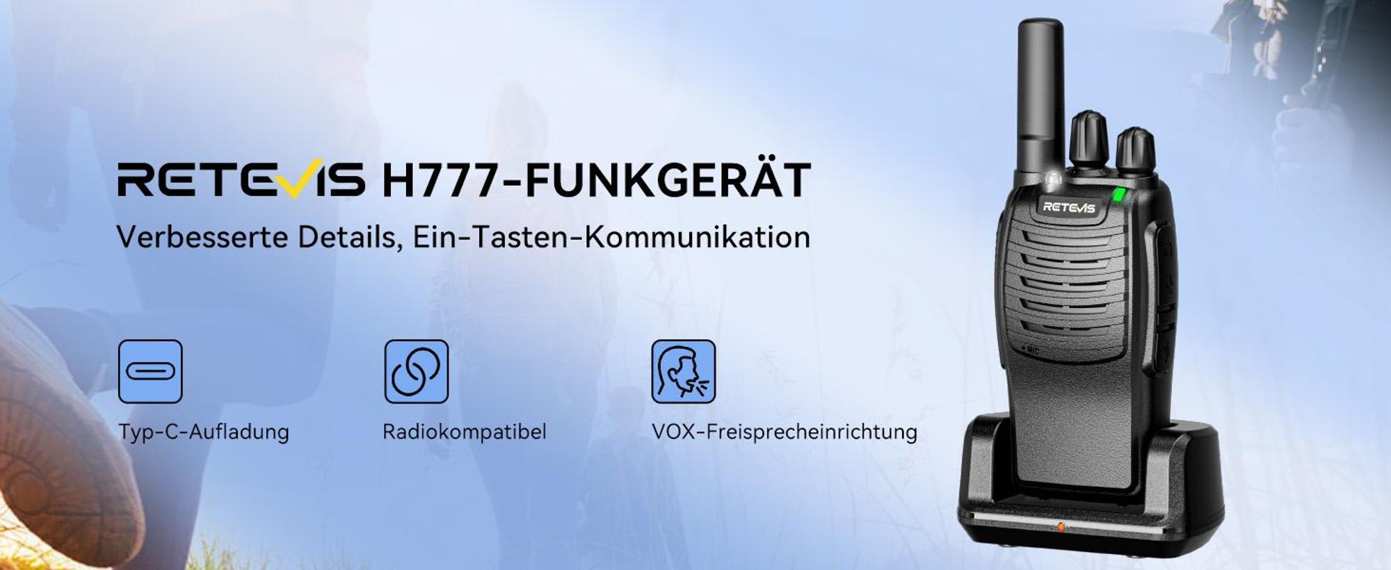 Retevis H777 Walkie Talkie, PMR Funkgeräte Set Lizenzfrei, mit Taschenlampe, Robust, Notfall-Warnungen, VOX, Handfunkgerät für Familie Camping