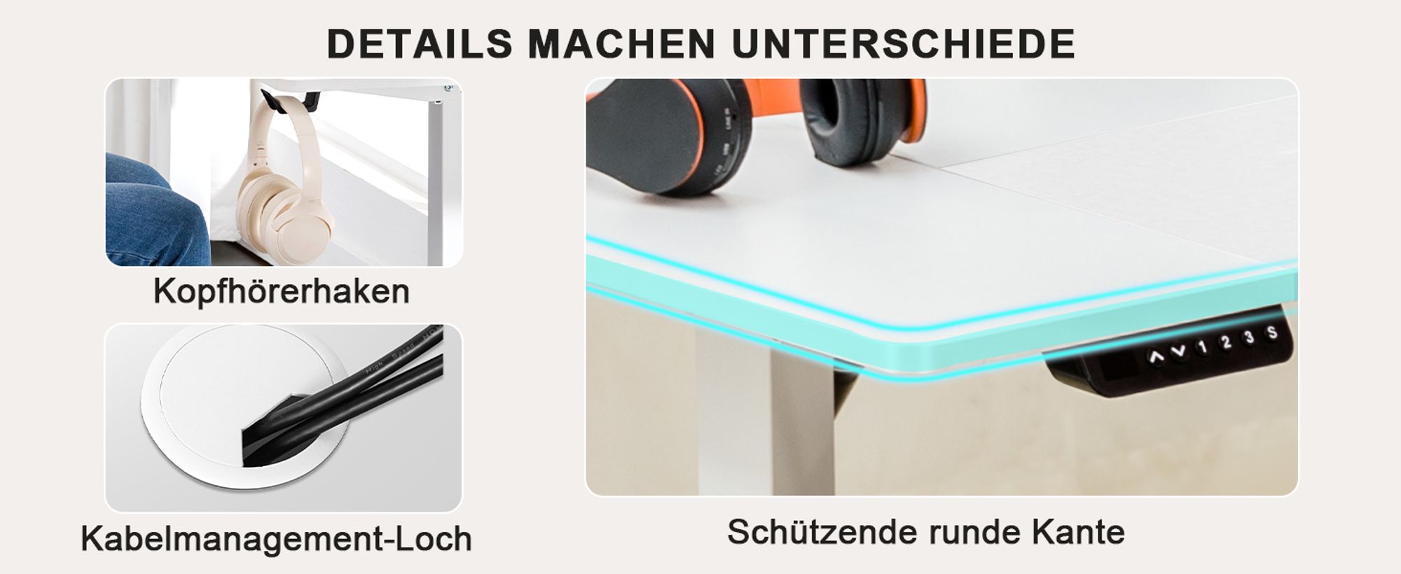 COMHOMA Schreibtisch Höhenverstellbarer Computertisch elektrisch, stufenlos, mit Steckdose und Haken