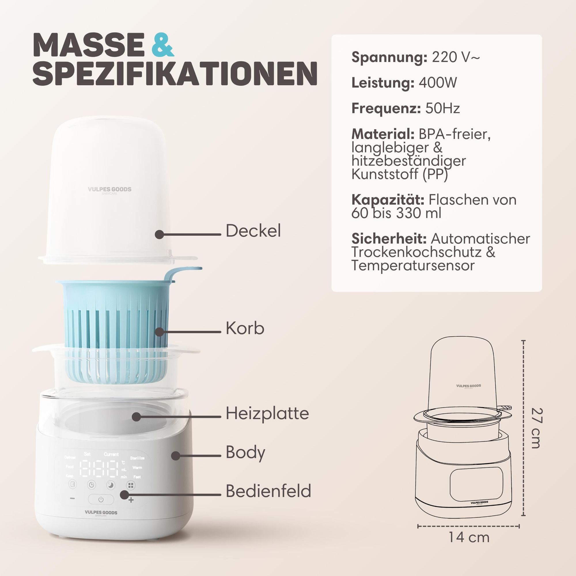 Vulpes Goods Flaschenwärmer 10-in-1, 24 Stunden warmhalten, Auftauen & Sterilisieren – Flaschenwärmer mit Nachtlicht – Sterilisator mit Dampfhaube