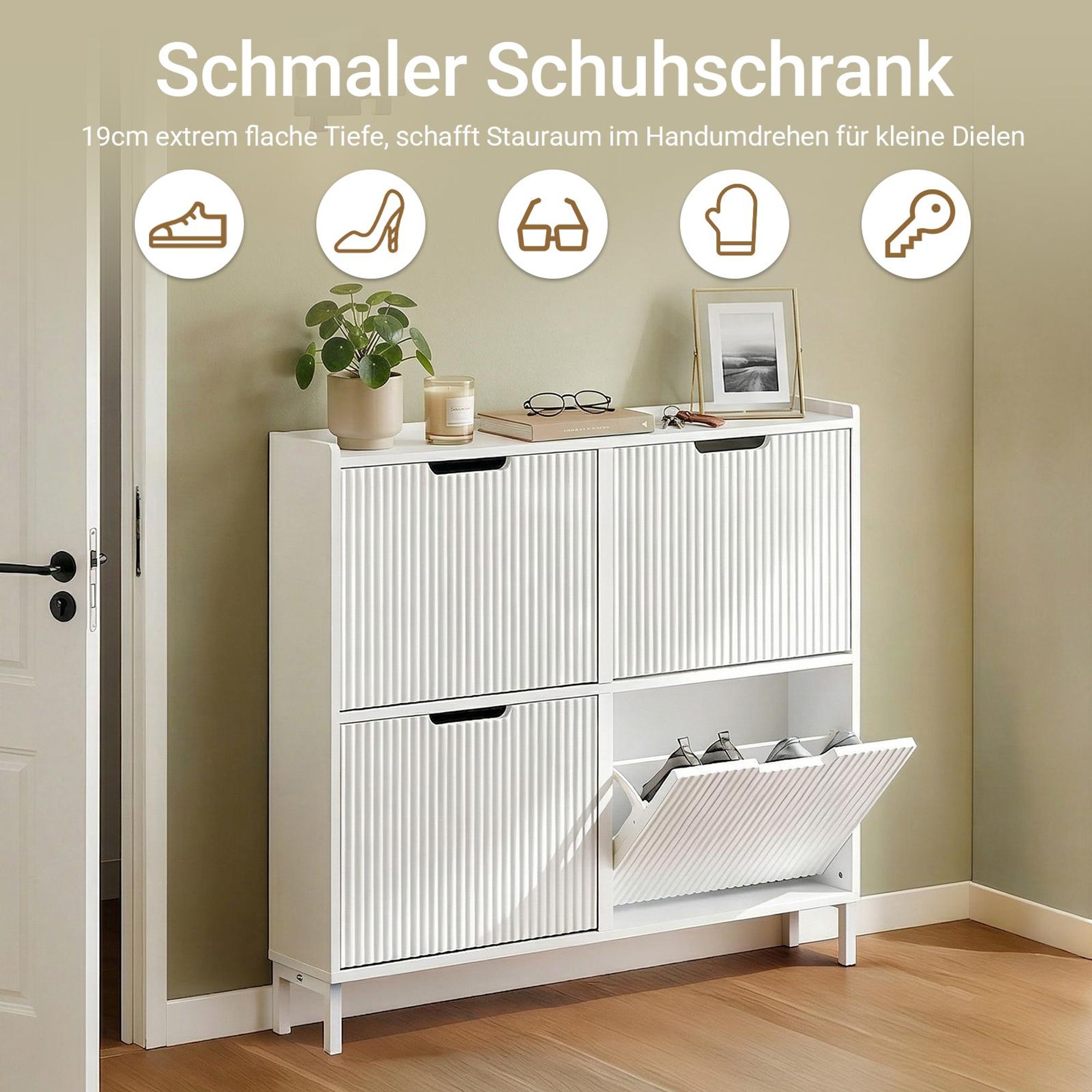 SoBuy schmaler Schuhschrank 19 cm tief mit 4 Klappen Schuhkipper für Flur mit modernem Linien-Design platzsparendes Schuhregal für Eingänge FSR177-L-W