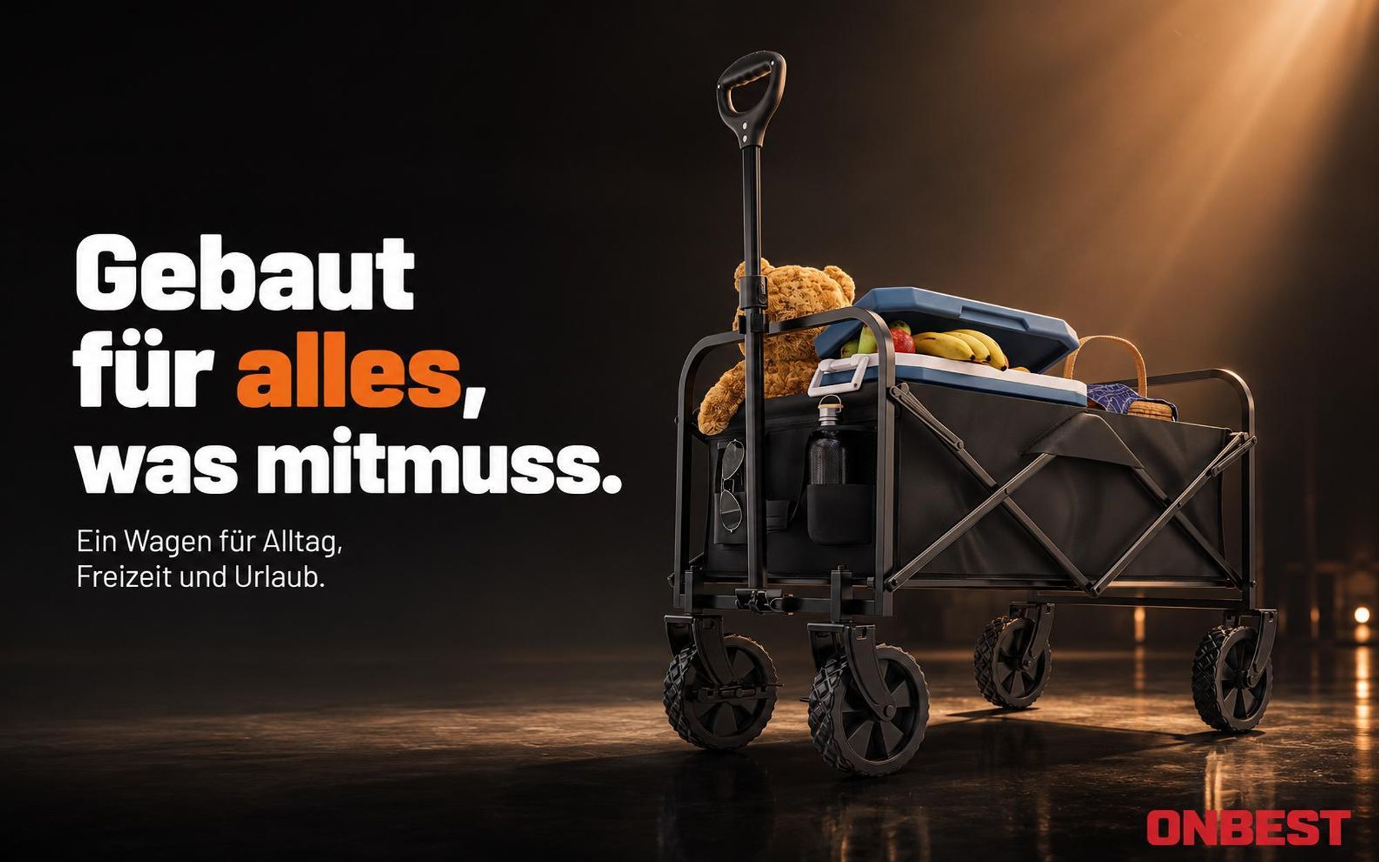 ONBEST Bollerwagen | faltbar | mit Schutzhaube | 61L | 80 kg | 0,8 mm Stahl | Schwarz | Wasserabweisend | 210D Oxford-Gewebe