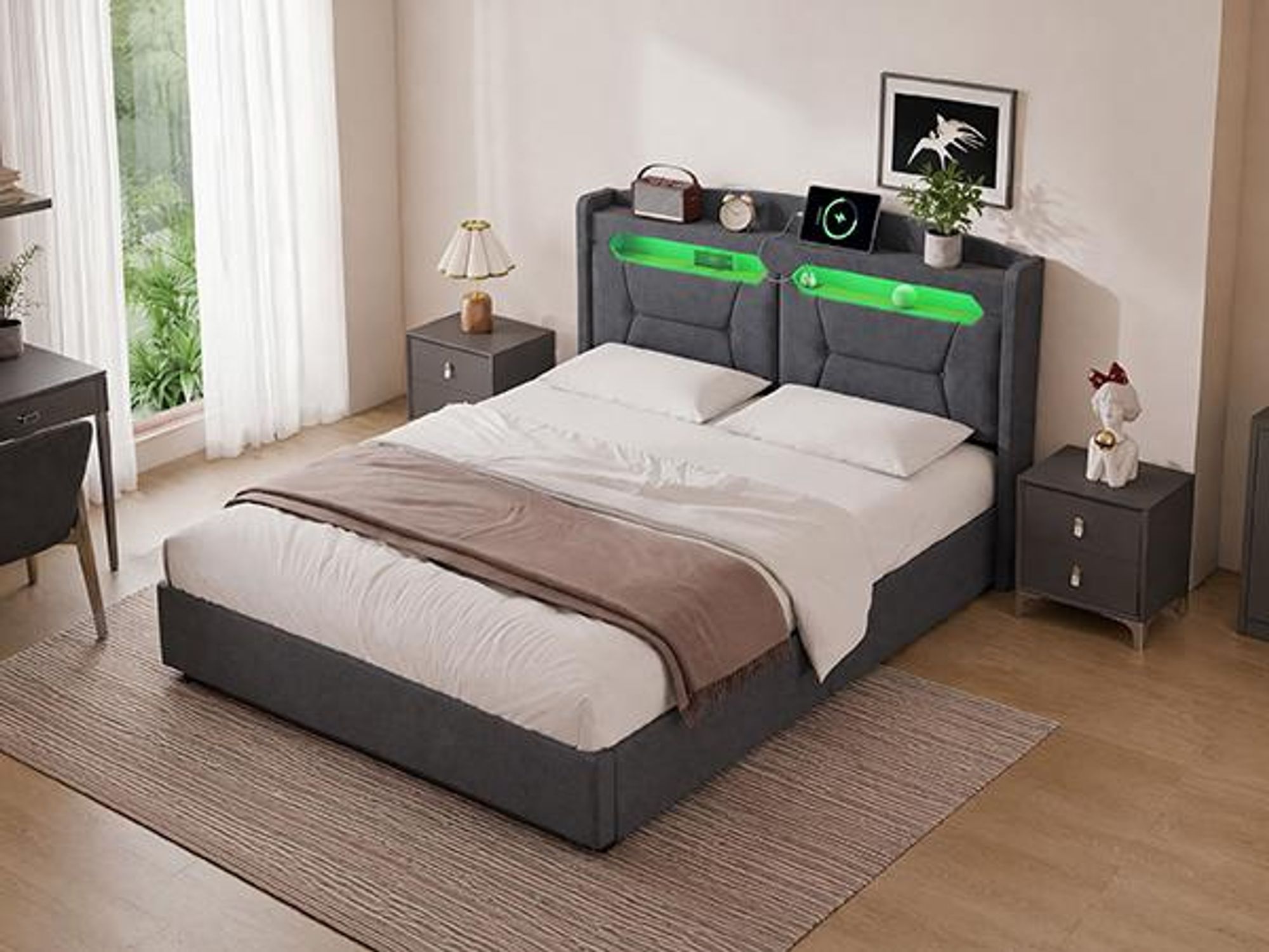 INONEFT Boxspringbett 140x200 mit LED und USB/Type-C , Polsterbett Doppelbett mit bettkasten , Hydraulischer Stauraumbett, Jugendbett, Leinen,Grau.
