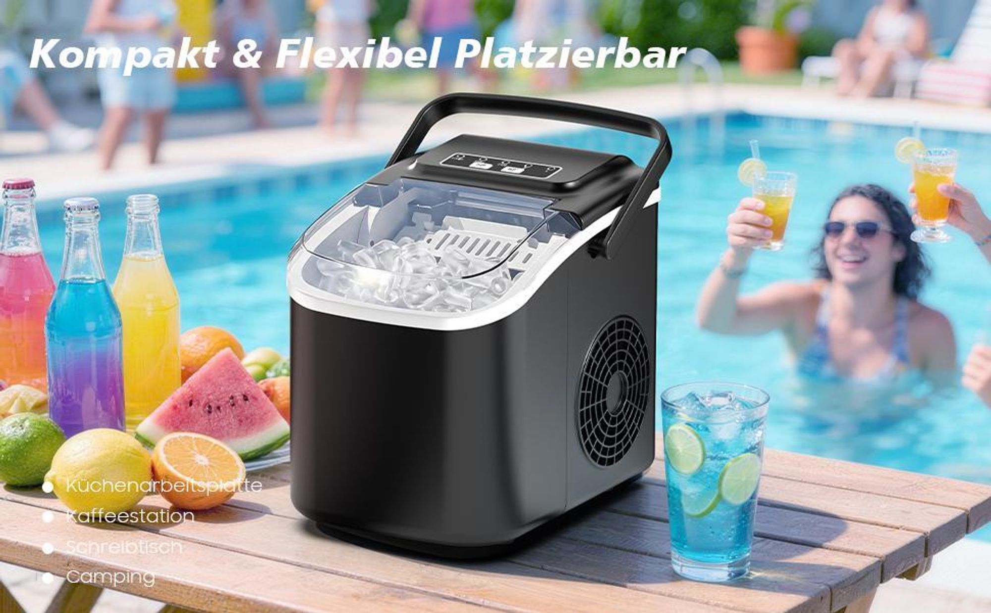 Eiswürfelmaschine, 12kg/24h, 8 Eiswürfel in 6–13 Minuten, 2 Eiswürfelgrößen, Selbstreinigungsfunktion, LED-Anzeige, tragbar, Schwarz
