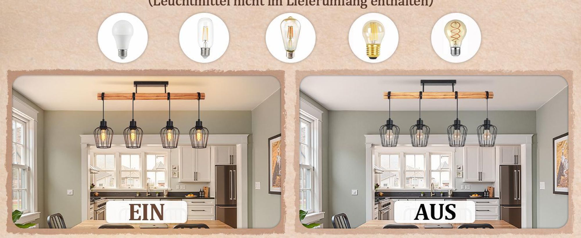 ZMH Lampada da soffitto in legno, lampada da corridoio nera, lampada da cucina a 4 luci, metallo, attacco E27, per cucina, soggiorno e sala da pranzo, lampadina non inclusa