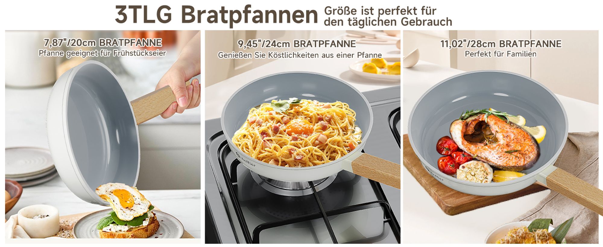 Pfannenset 3tlg Bratpfanne 20/24/28cm Pfanne Induktion mit Antihaft-Beschichtung