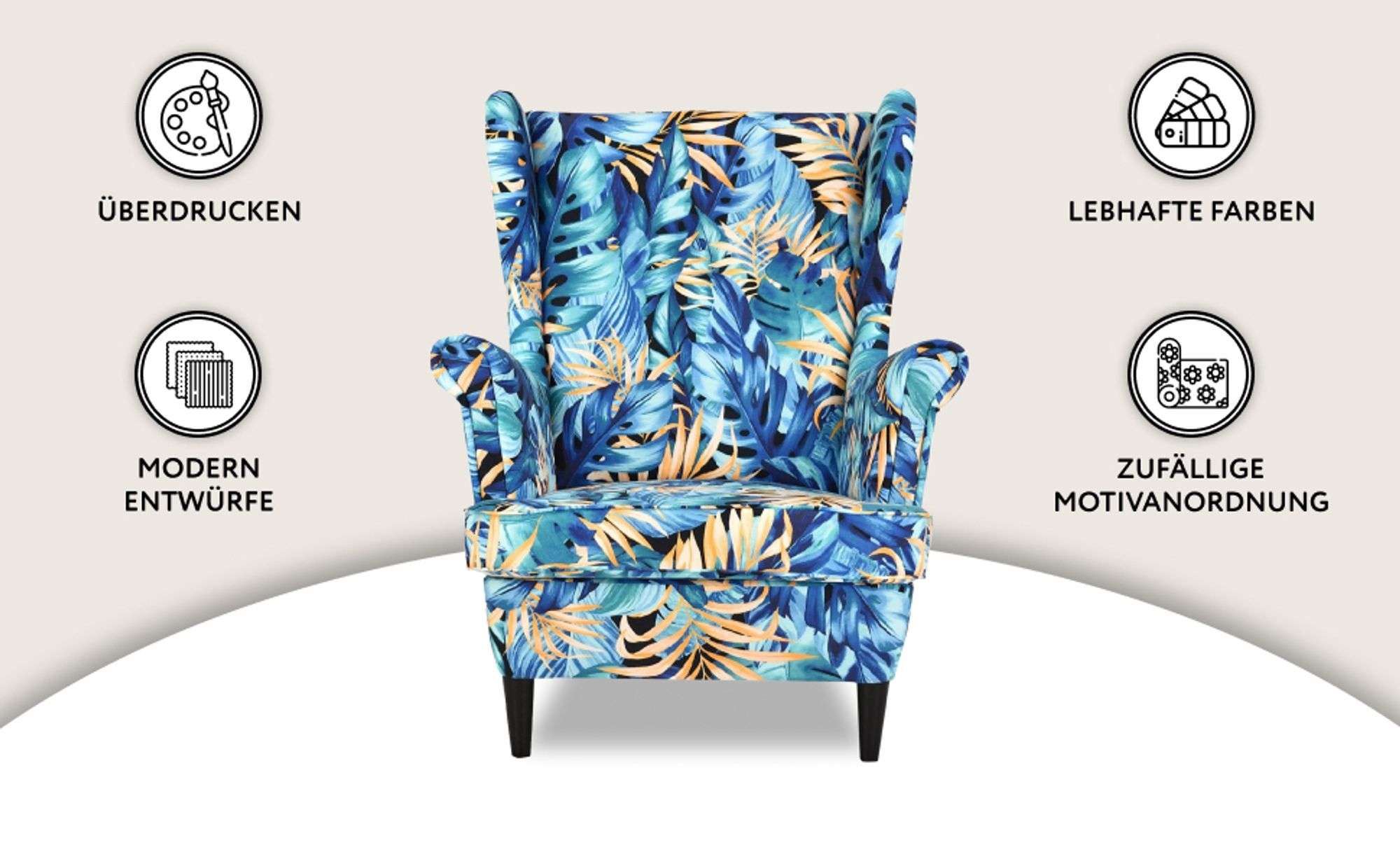 Family Meble Ohrensessel mit Hocker Print Relaxsessel Skandinavisch Bequemer Sessel Loungesessel Fernsehsessel Wohnzimmer Schlafzimmer Büro (LEAF 2)