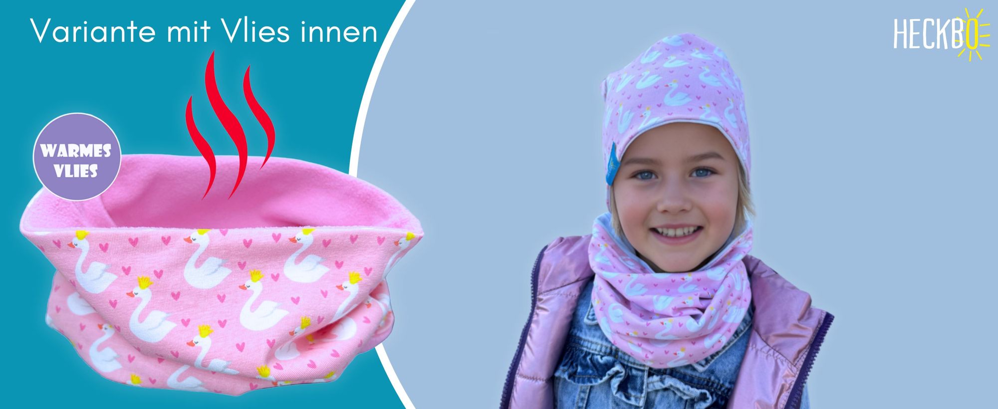 Kinder Mädchen Beanie Wintermütze mit Fleece Vlies + Loop-Schal Set - Schwan Swan Herzen Motiv - One Size: 2-8 Jahre - 95% Baumwolle - weiches & pflegeleichtes Stretch-Material - Winter Herbst