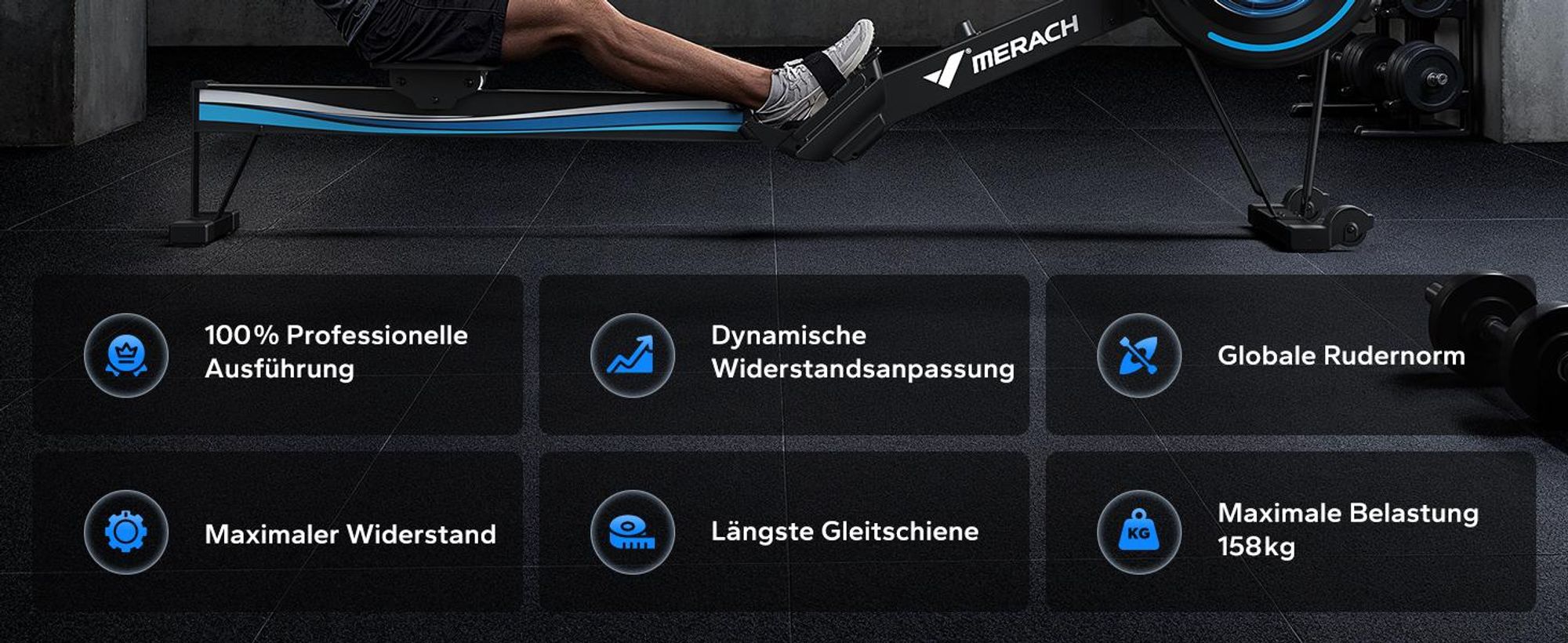 Klappbares Luftwiderstand Rudergerät Merach Bluetooth & LCD, ergonomischer Sitz, verstellbarer Tablet-Halter, bis 158 kg, NovaRow R50