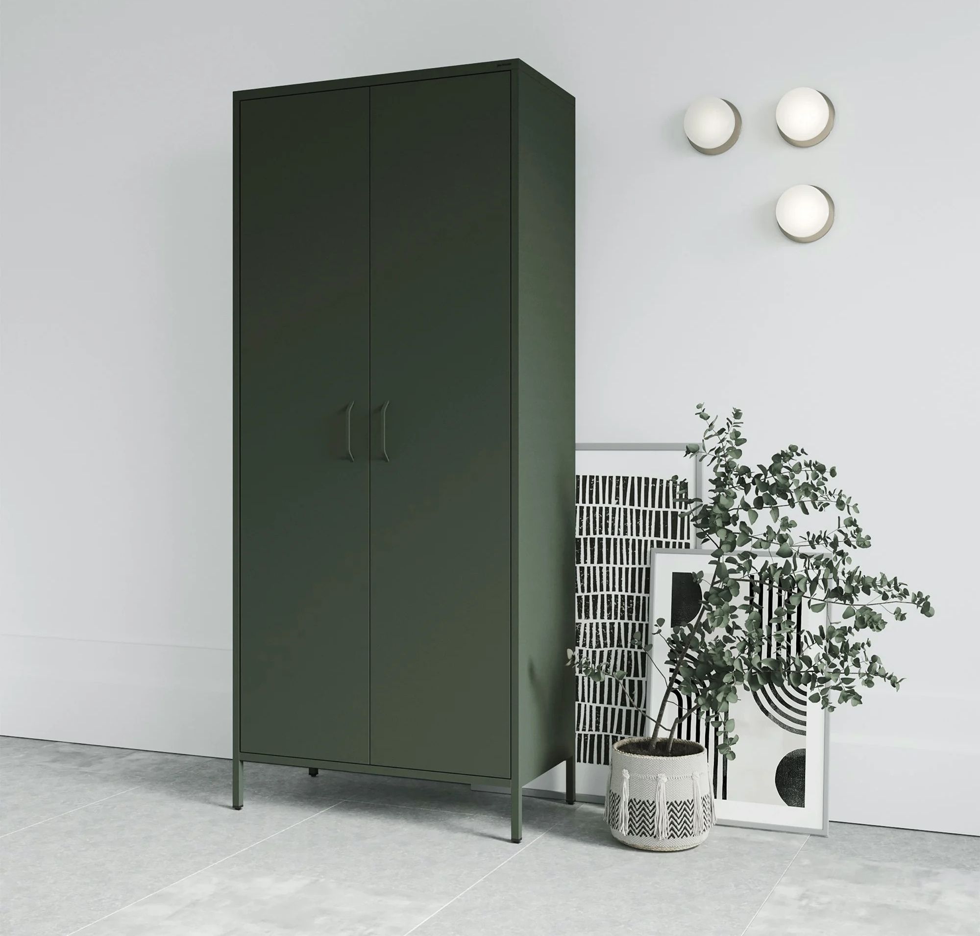 Jan Nowak Kleiderschrank 2 Türig, Metallschrank Glitzernd - Flavio | Ablagen, Kleiderstange, Magnetverschluss | 80 x 185 x 45 cm | Flaschengrün