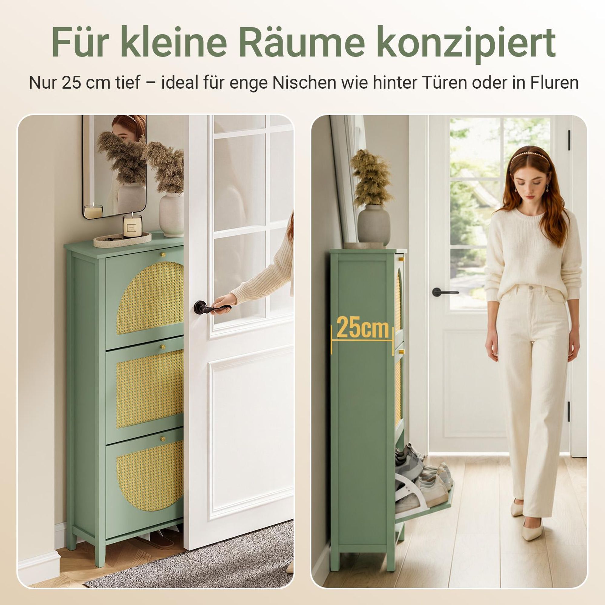SoBuy Schuhschrank mit 3 Klappen, grün/gelb gewebt, schmal 62x25x121 cm Dreitüriger Schuhschrank mit Klappböden FSR222-GR