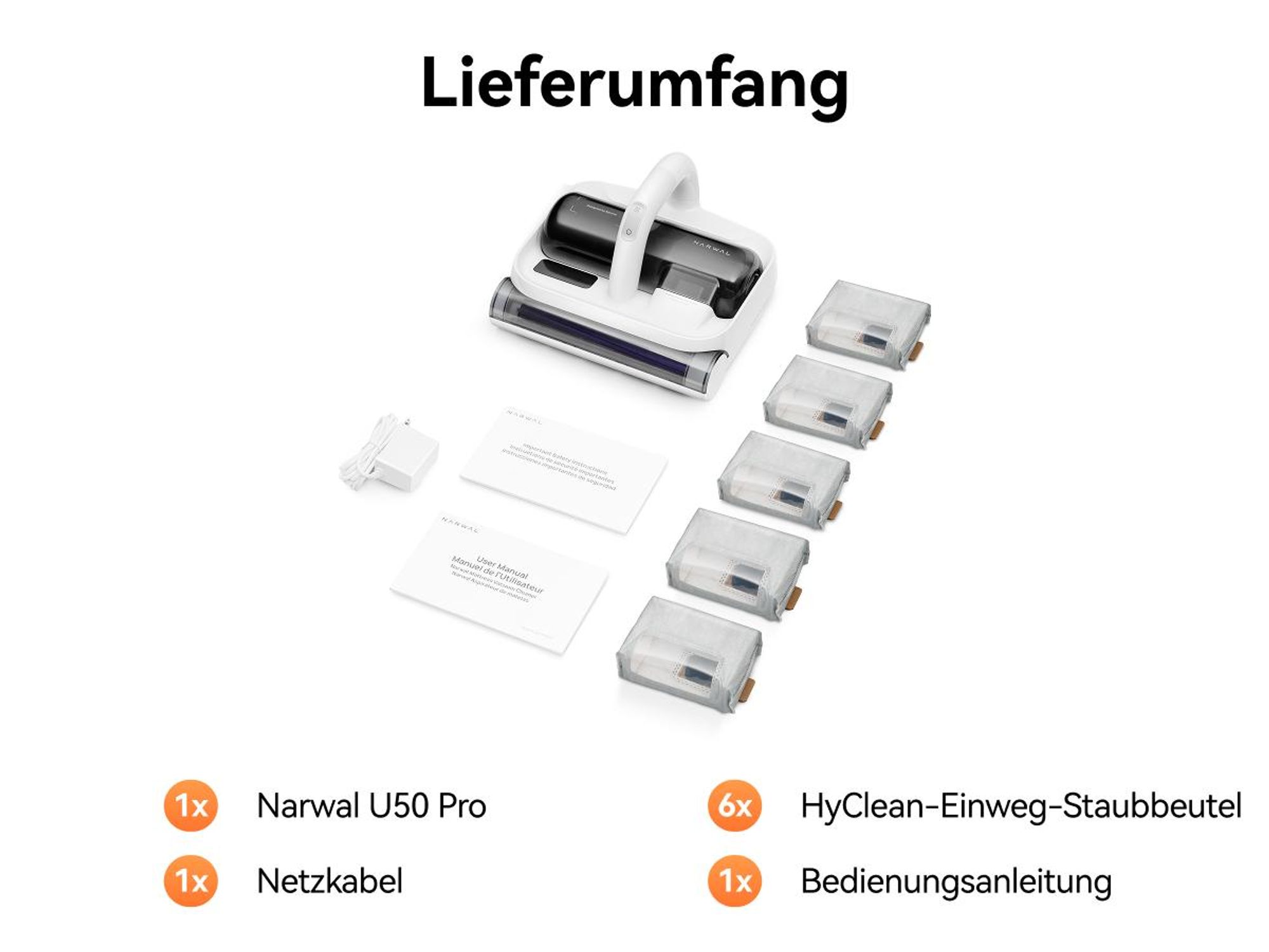 NARWAL U50 Pro Akku-Matratzenstaubsauger, 16 kPa, 58 °C, 65.000 Schläge/min, 1,65 kg, UV-C