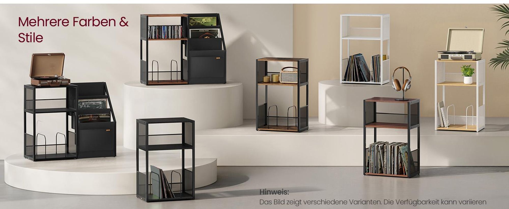 VASAGLE Plattenspieler-Ständer 3 Ebenen, für bis zu 100 Alben, Beistelltisch für Wohnzimmer, Schlafzimmer, Goldeichenfarben und Cremeweiß