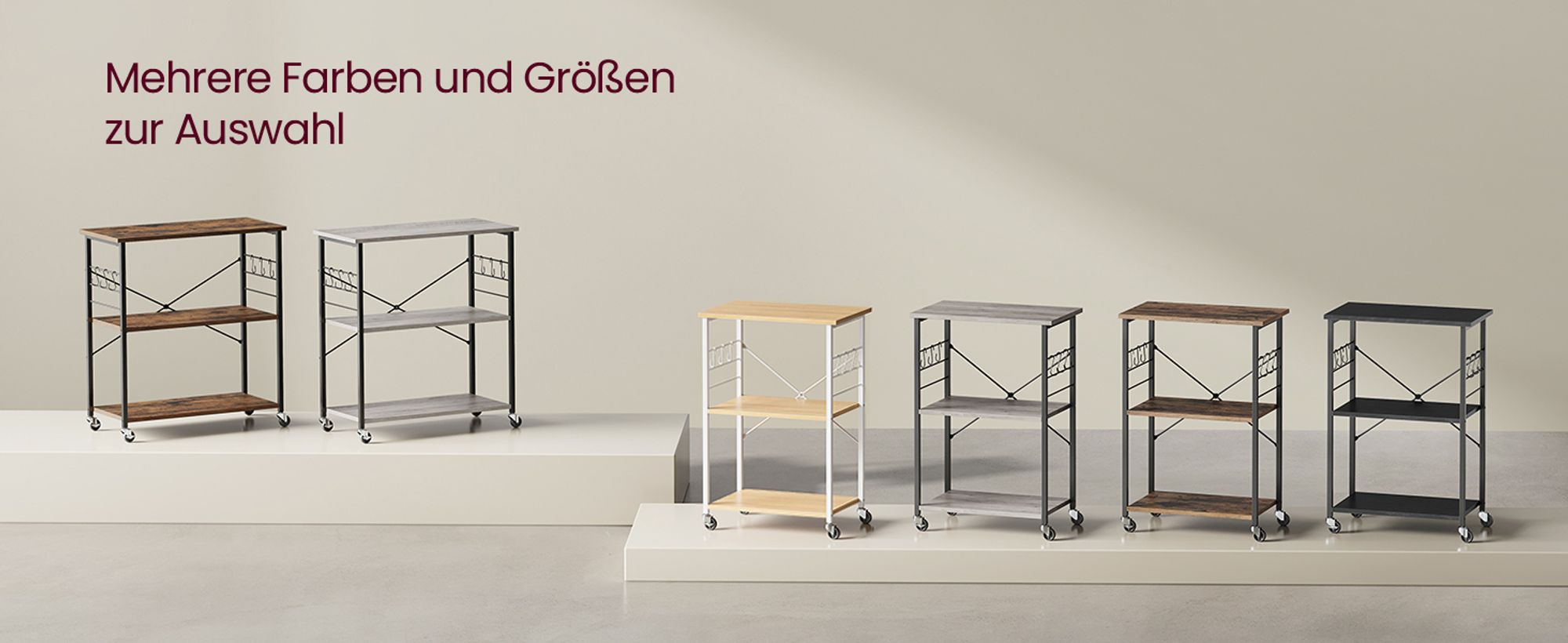 VASAGLE Küchenwagen mit 3 Ebenen, 6 Haken, 40 x 80 x 89 cm, Greige