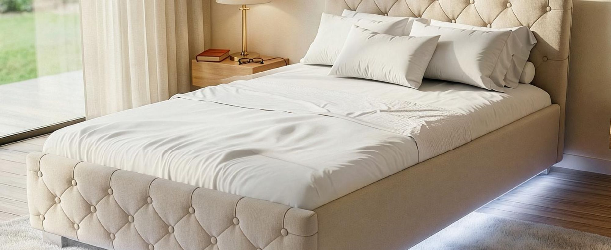 Juskys Polsterbett Nizza 120x200 cm Beige - Bettgestell mit Lattenrost, Stauraum & LED Beleuchtung - Bett mit Samtbezug & Chesterfield-Steppung