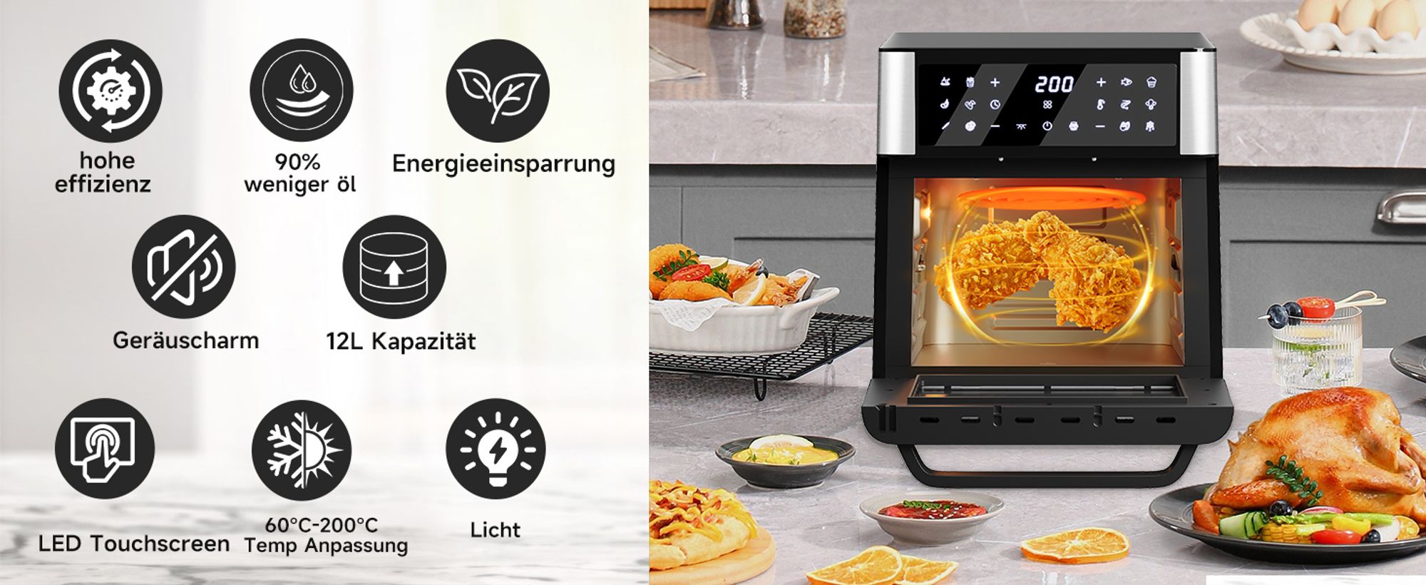 Heißluftfritteuse 12L Minibackofen Airfryer 12 Programmen ,Heissluft Fritteuse mit Sichtfenster ,Pizza-OfenTouch-Bedienung, 60 Min Timer