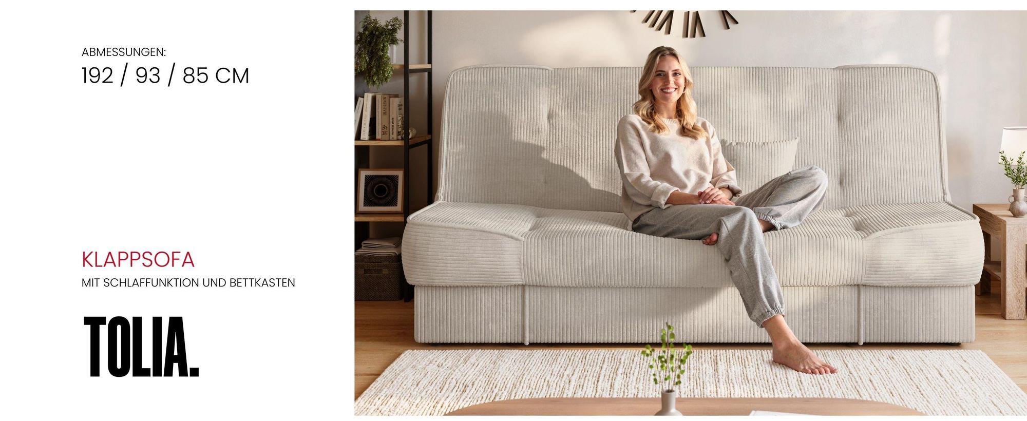 BroMARKT Sofa mit Schlaffunktion TOLIA Schlafsofa mit Bettkasten Klappsofa Couch 190x115 cm Beige Cordstoff