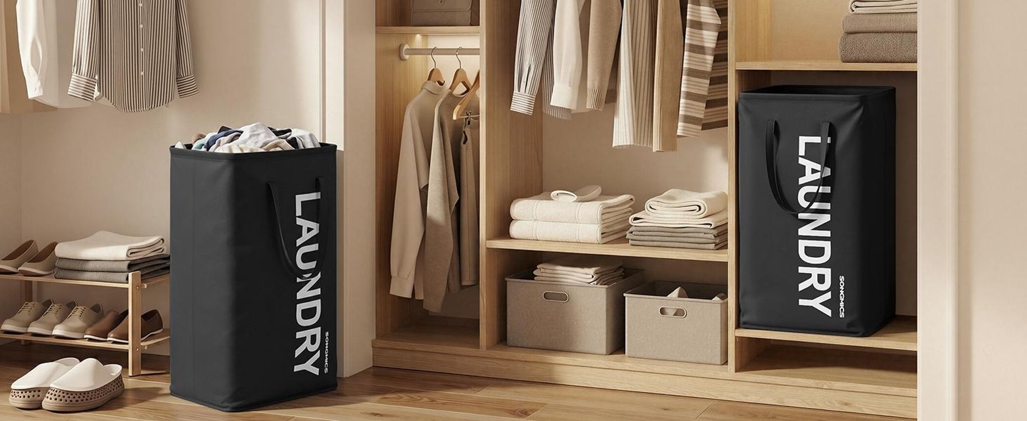 SONGMICS Wäschekorb, 80 L, Wäschesammler faltbar, Aufbewahrungskorb, mit Henkel, Wäschesack, wasserabweisend, für Waschküche, Schlafzimmer