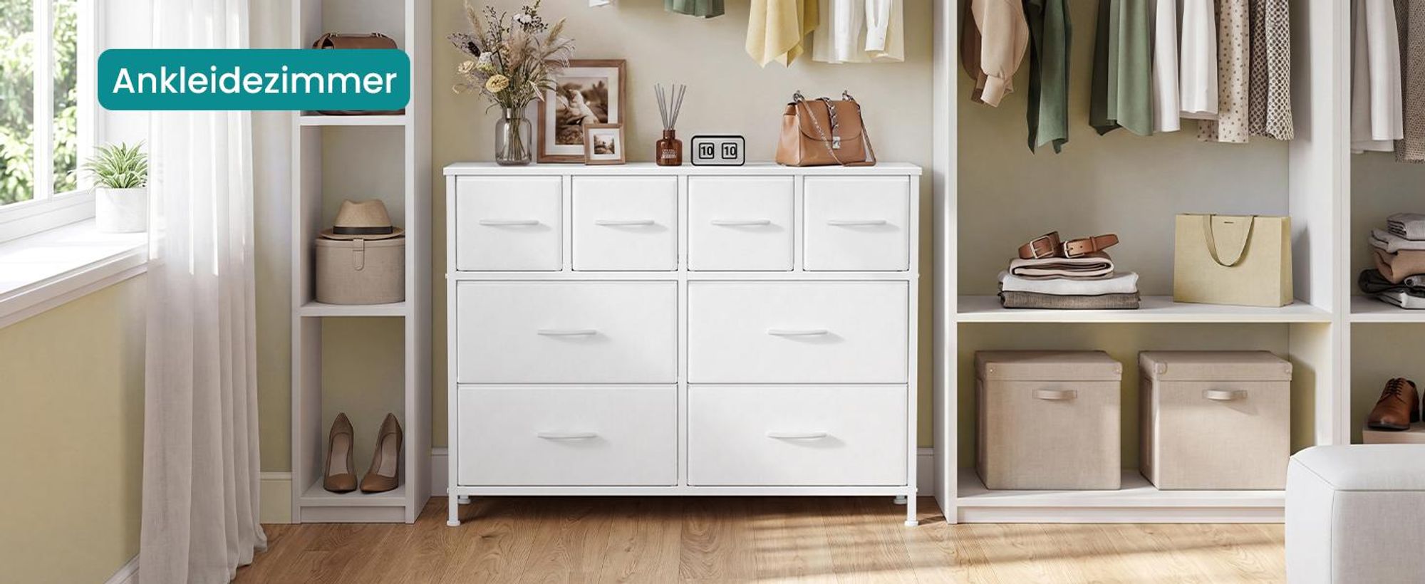 SONGMICS Kommode mit 8 Stoffschubladen, Aufbewahrungsschrank mit Metallrahmen, 98,7 x 30 x 74,7 cm, Weiß