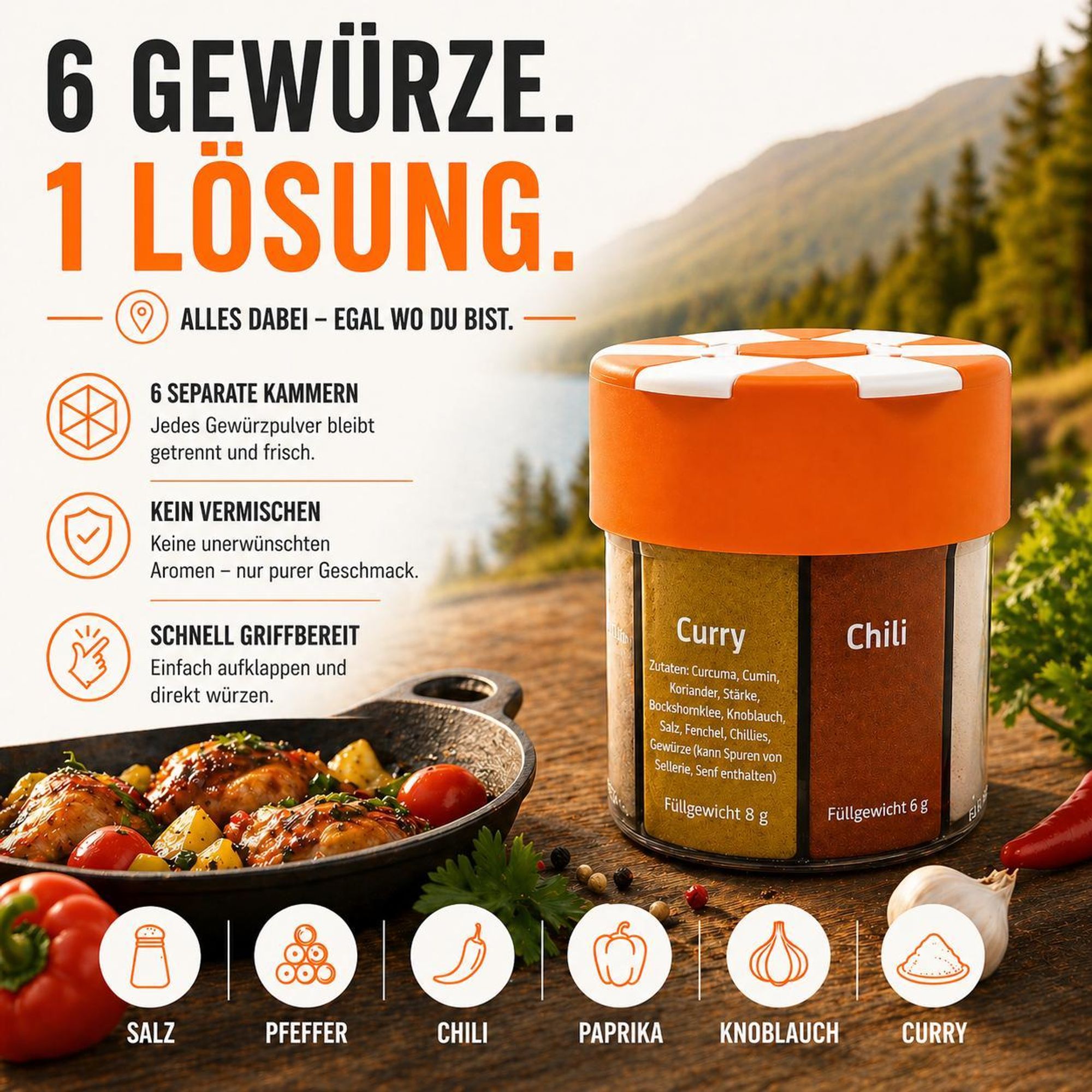 ration1 Gewürzstreuer XXL 6 in 1 – Camping Gewürzdose mit Salz, Pfeffer, Chili, Paprika, Knoblauch & Curry, nachfüllbar