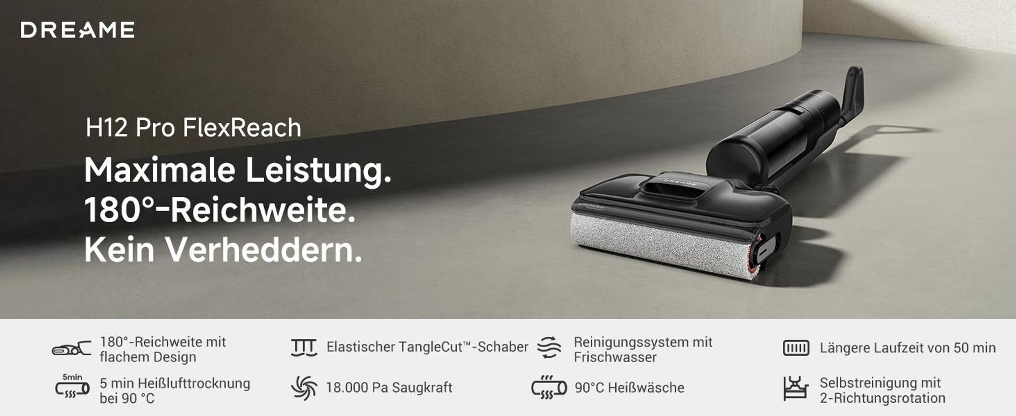 Dreame H12 Pro FlexReach Nass- und Trockensauger, flaches 180°-Design,Trocknung in 5 Minuten,18kPa Saugkraft,90 °C Heißwäsche, Reinigung in 50 Minuten