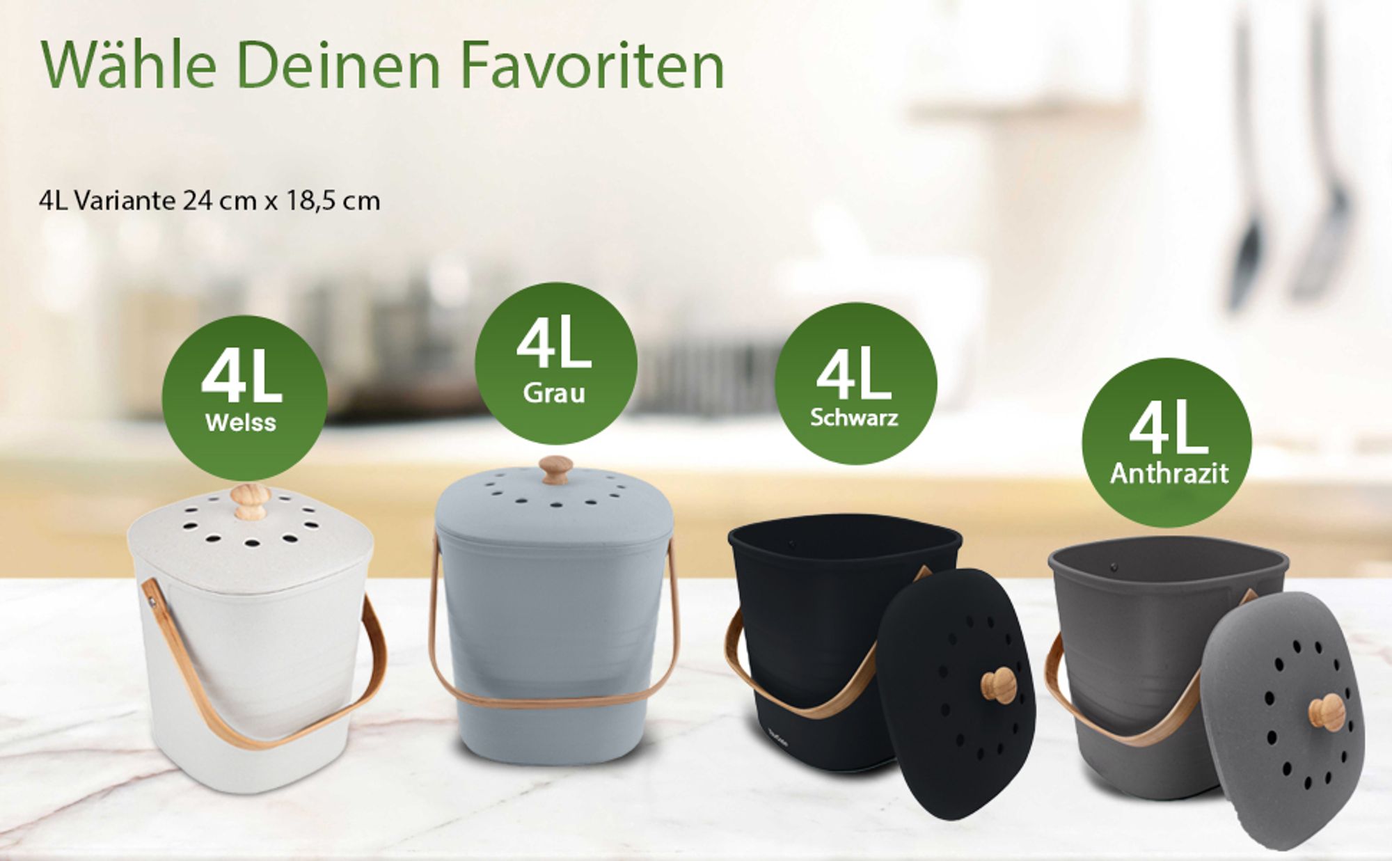 YourCasa® Biomülleimer Küche klein 4L geruchsdicht für Biomüll - Aktivkohlefilter - nachhaltiger Biomülleimer Schwarz