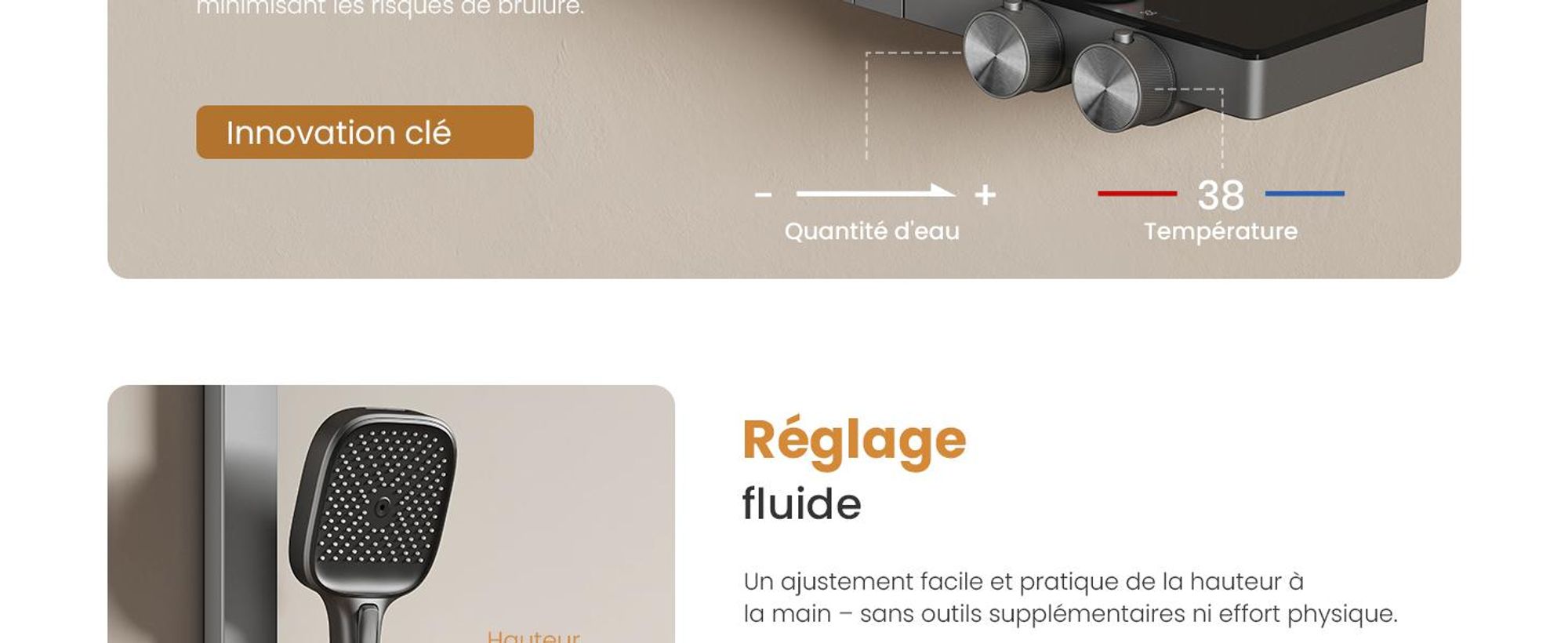 Système de douche EMKE avec thermostat, anthracite mat - Débit d'eau réglable, douche de pluie 36x24 cm, douchette à main avec 4 jets