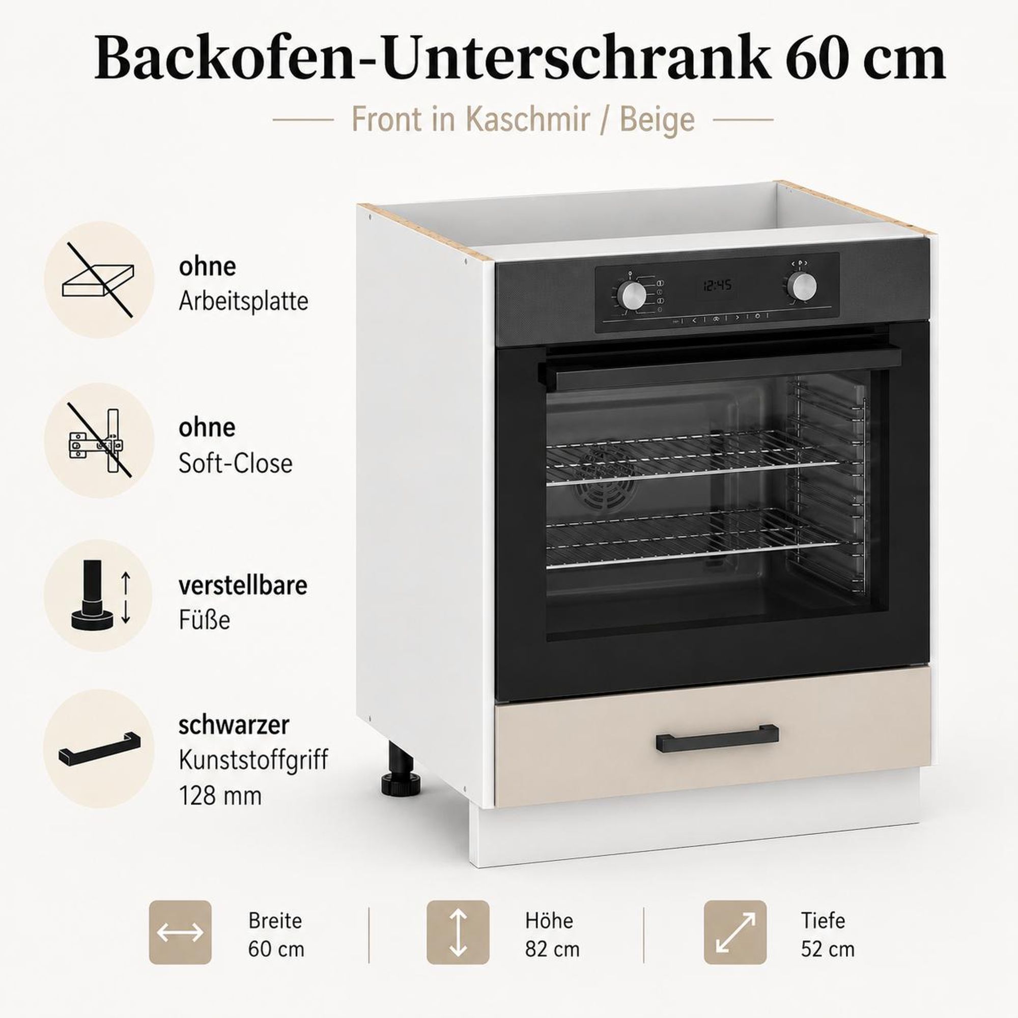Backofen-Unterschrank 60 cm Kaschmir Beige: Maße 60x82x52 cm, Korpus Weiß.