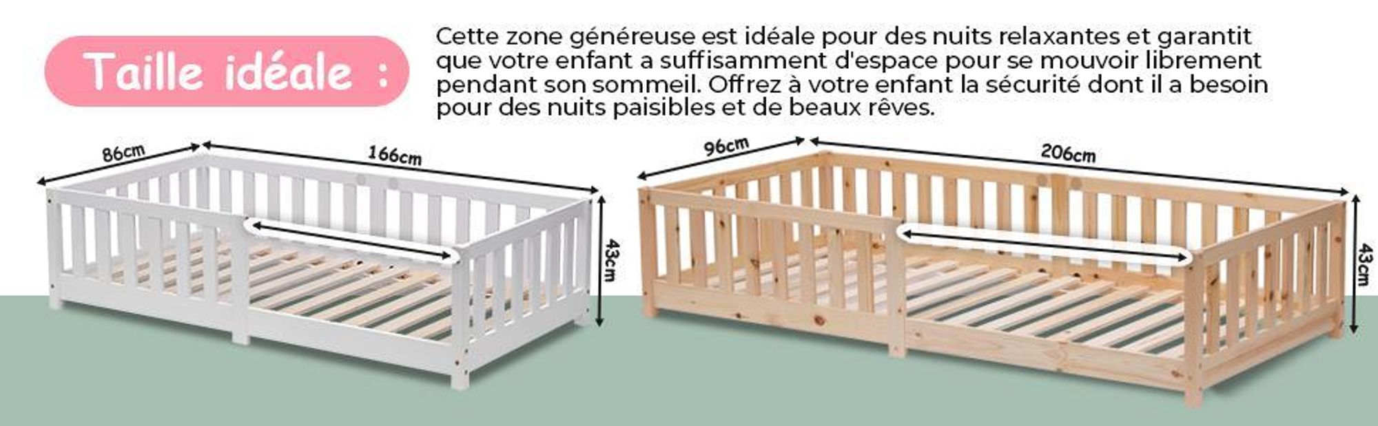 Lit au sol pour enfants  80 x 160 cm, en pin massif, avec protection contre les chutes, lit Montessori naturel, pour garçons et filles