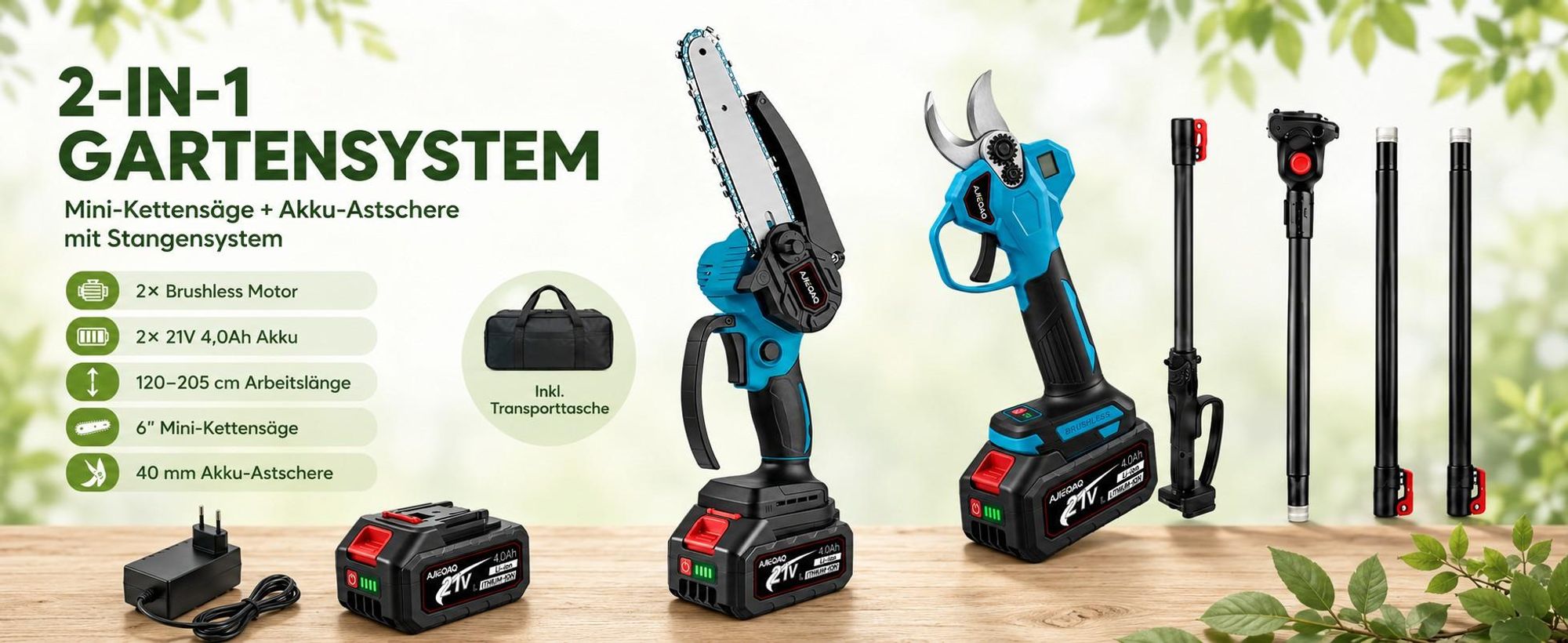 4-in-1 Akku-Hochentaster 21V Brushless, 6" Mini-Kettensäge & 40 mm Astschere, 2×4,0Ah Akkus, Teleskopstiel bis 205 cm