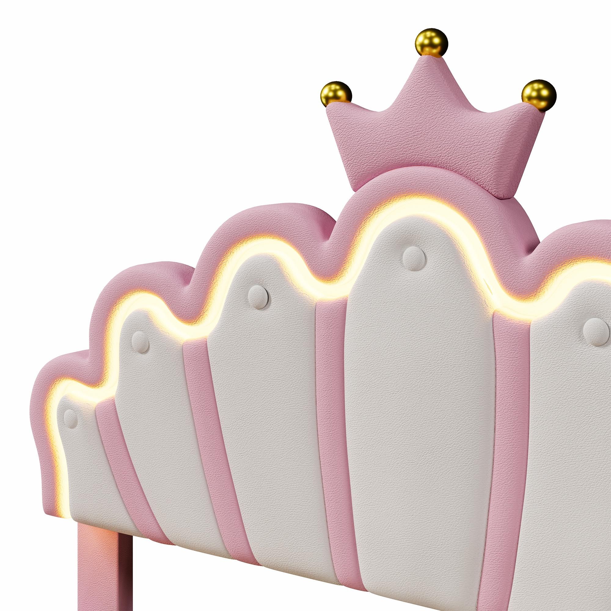 Merax Polsterbett 140x200cm, Prinzessinnenbett mit LED-Leuchten, Verstellbarem Kopftei, 2 Schubladen, Kronen-Design, PU, Kinderbett, Jugendbett, Rosa