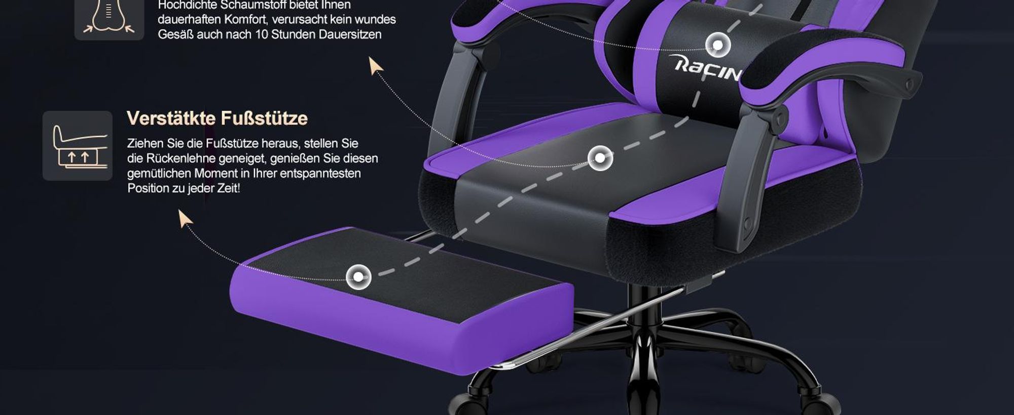 Portreen Gaming Stuhl,Bürostuhl Ergonomischer Gaming Sessel mit Lendenwirbelstütze Fußstütze, gepolstert,Kopfkissen Gaming Stuhl, 150kg Gaming Chair