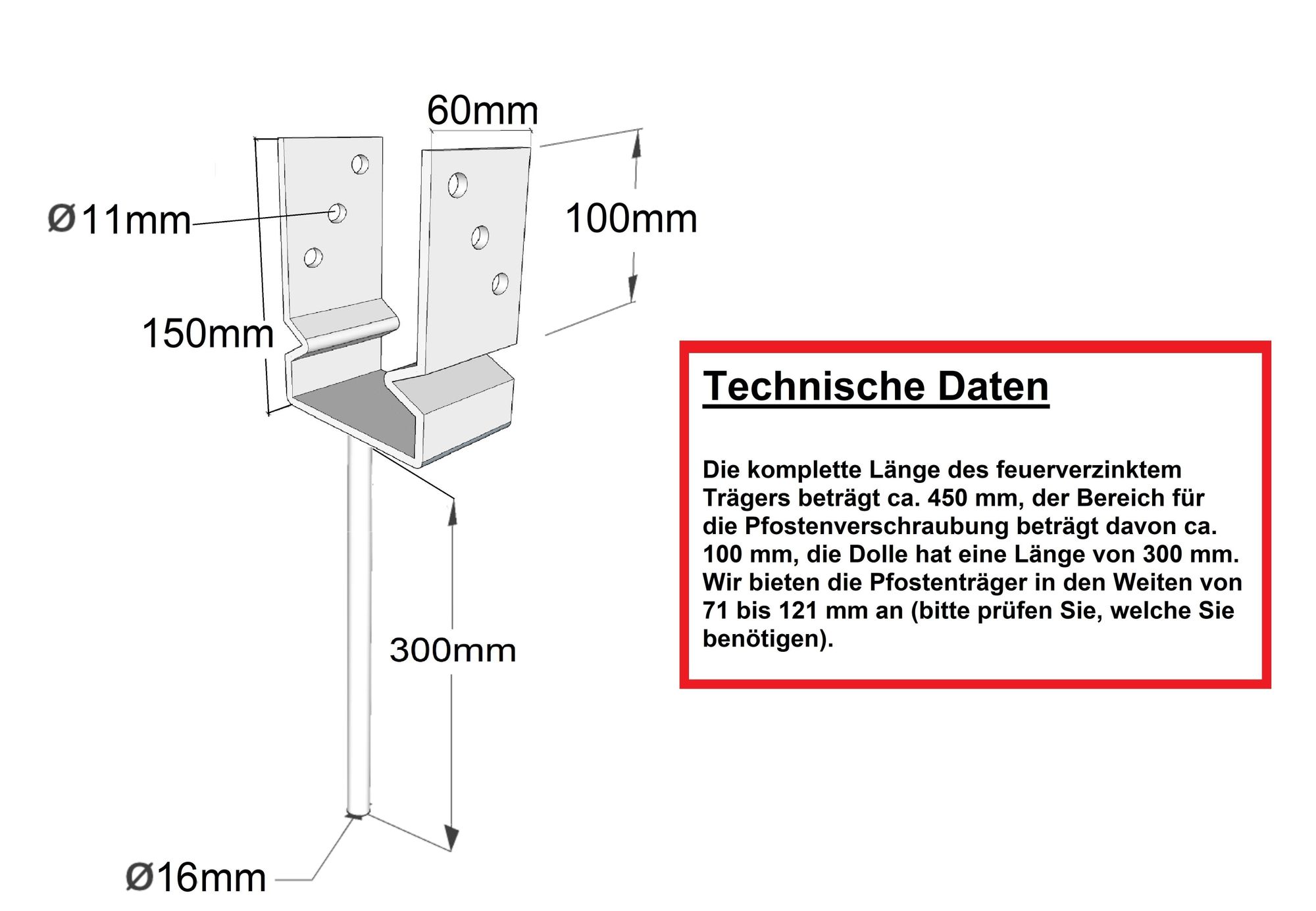 U-Pfostenträger Gabelweite 81 mm mit Wulst zum Einbetonieren, Riffeldolle 300 mm feuerverzinkt, Gesamtlänge 450 mm Lagerräumung