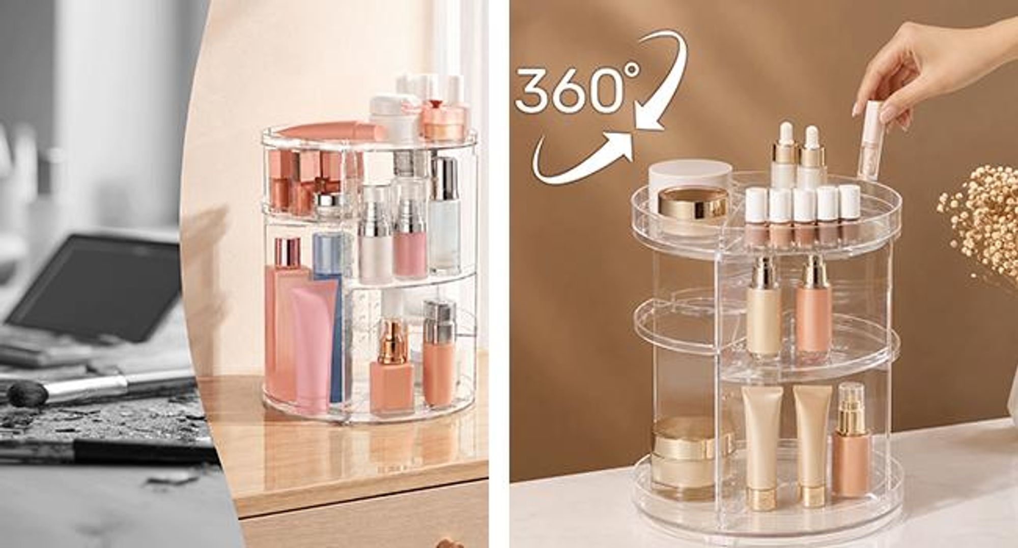 KRUMAD Schminktisch Organizer, Kosmetik Organizer drehbar, Make-up und Parfüm Aufbewahrung, 7 Höhenstufen, verstellbare Böden, Kunststoff