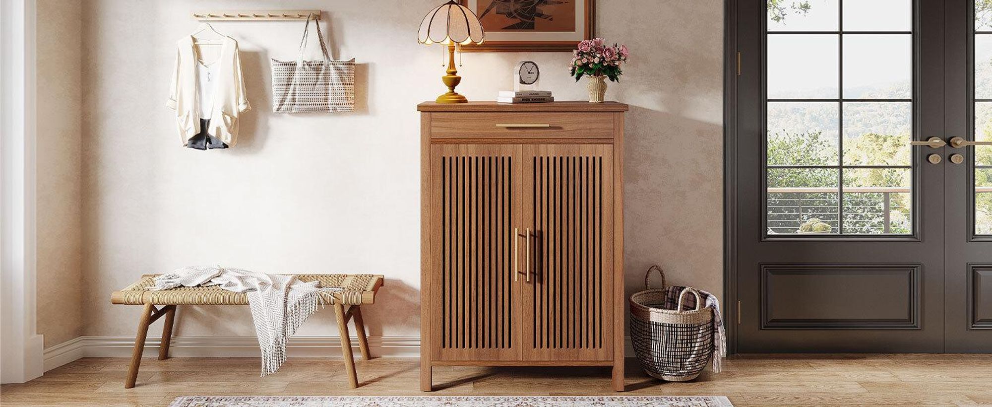 Tribesigns Armoire à chaussures, armoire à chaussures à 5 étages étroite avec portes à lamelles et tiroir, entrée en bois réglable, 80 * 36 * 110cm, brun